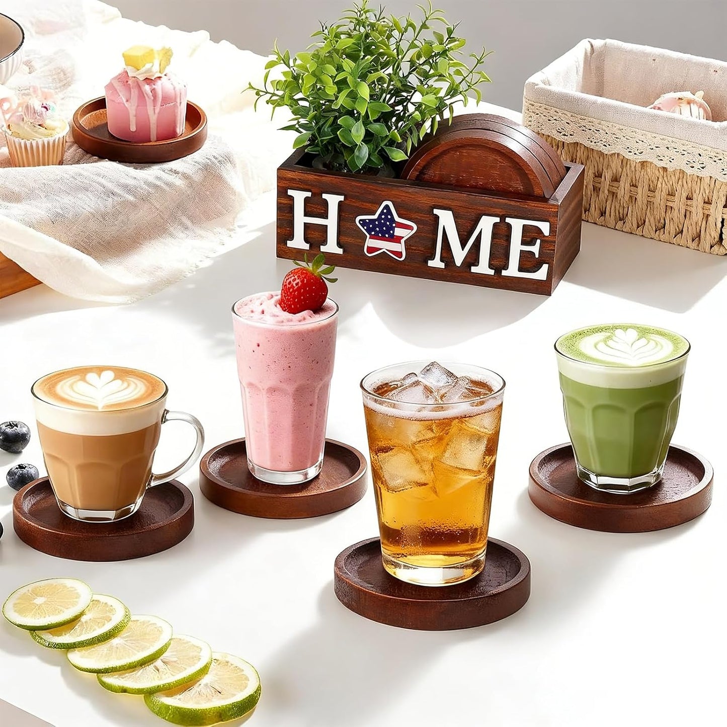4 Pcs Wood Coasters for Drinks with Holder, Interchangeable Home Sign Green Plants Potted Wooden Coaster Set, for Farmhouse Office Bar Drink Coffee Coasters Table Decor.