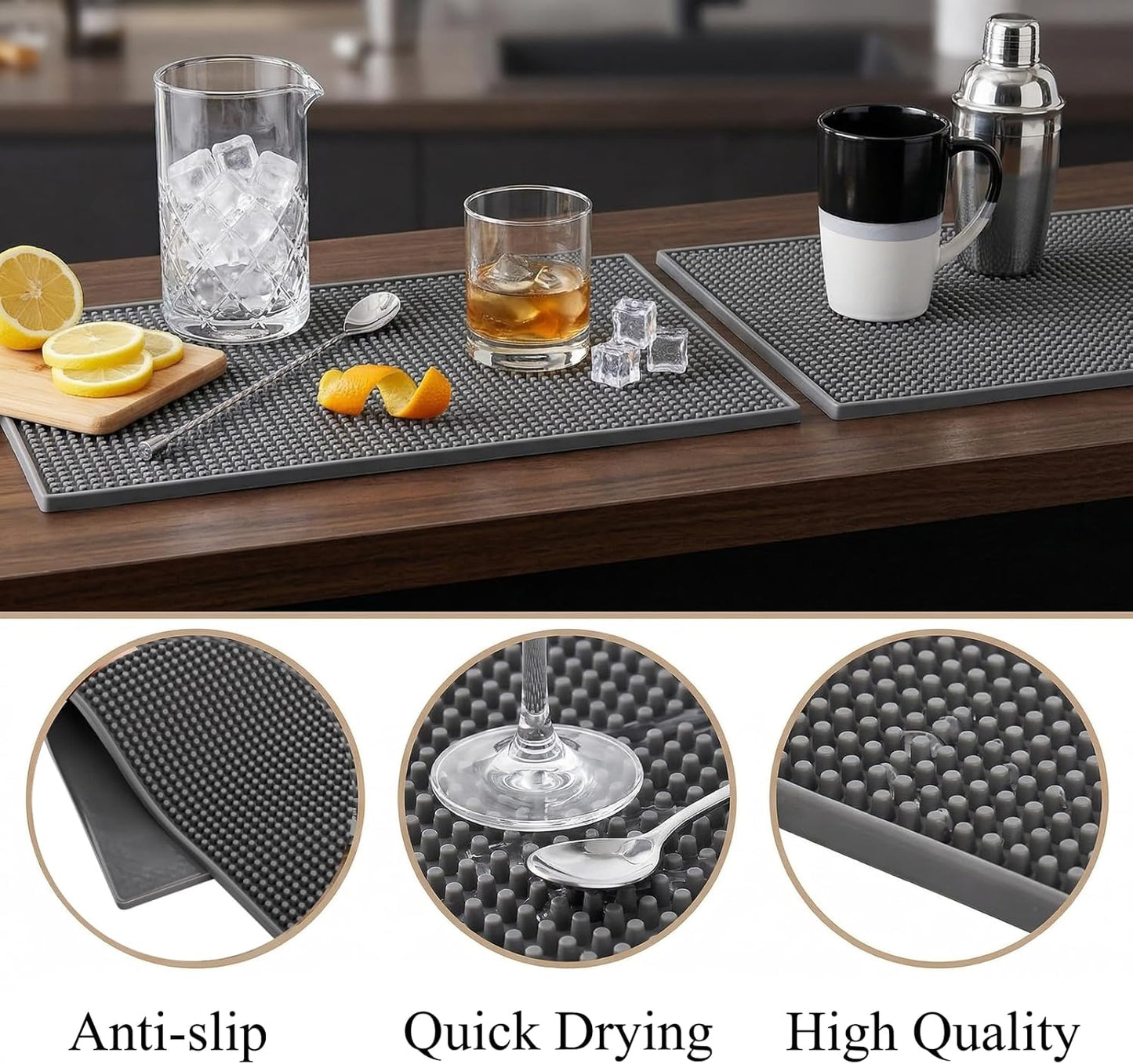 Tebery 3 Pack Rubber Bar Mat 18 x 12, Thick Durable and Stylish Bar Service Spill Mat, Non Slip Non-Toxic Grey Service Mat for Coffee, Bars, Restaurants Counter Top