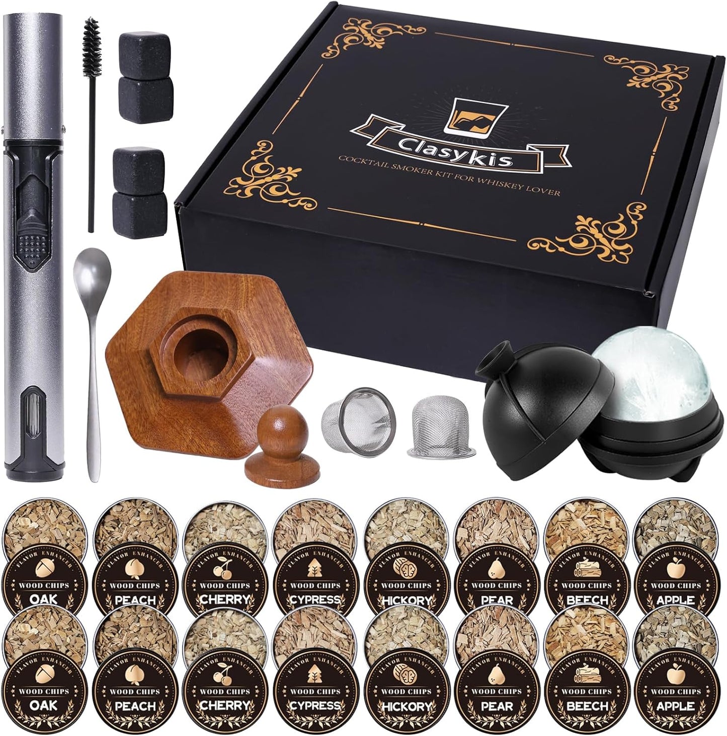 27Pcs Whiskey Smoker Kit-16 Wood Chips, Ice Ball Mold, Cocktail Smoker Infuser Kit, Old Fashioned Drink Smoker Kit, Birthday Bourbon Whiskey Gifts for Men,Husband,Dad,Him,Valentine's Day(No Butane