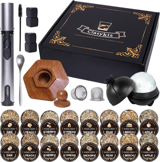 27Pcs Whiskey Smoker Kit-16 Wood Chips, Ice Ball Mold, Cocktail Smoker Infuser Kit, Old Fashioned Drink Smoker Kit, Birthday Bourbon Whiskey Gifts for Men,Husband,Dad,Him,Valentine's Day(No Butane