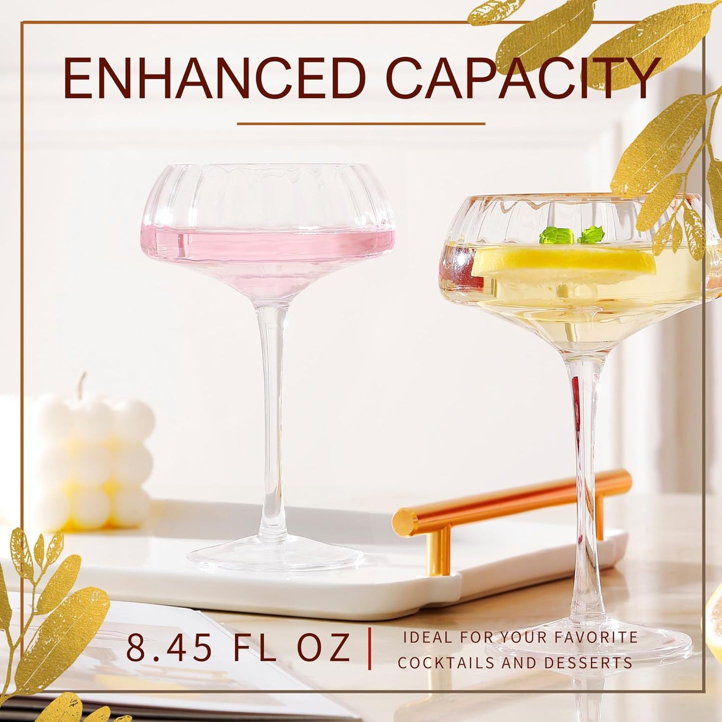 Lysenn Coupe Glasses Set of 4 - Premium Hand Blown Martini Glasses - Perfect for Cocktail and Champagne – 8.45 oz, Clear