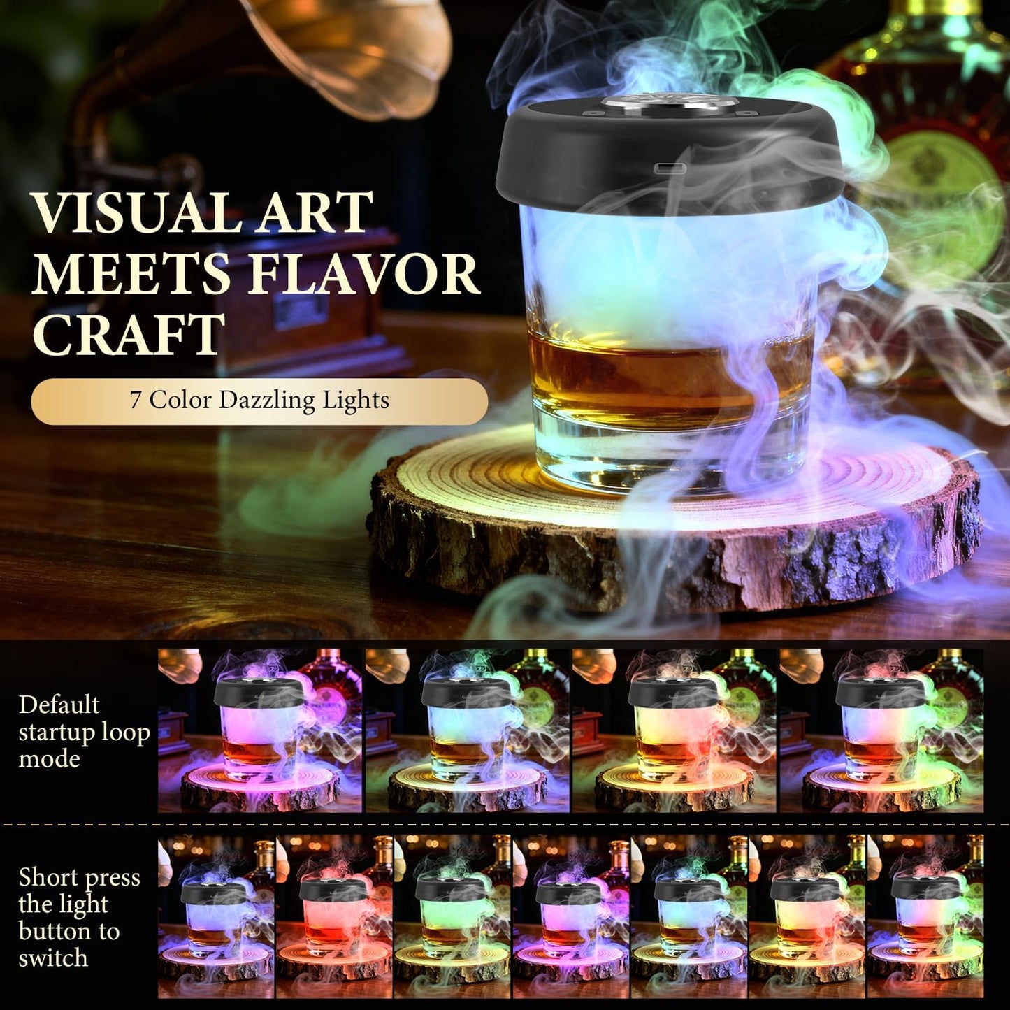 Electric Whiskey Smoker Kit, Torch-Free Rechargeable Cocktail Smoker with 7 Color Lights, Portable Drink Smoker with 10 Wood Chips, Ice Molds & Steel Cubes, Great Gift Idea for Whiskey Lovers
