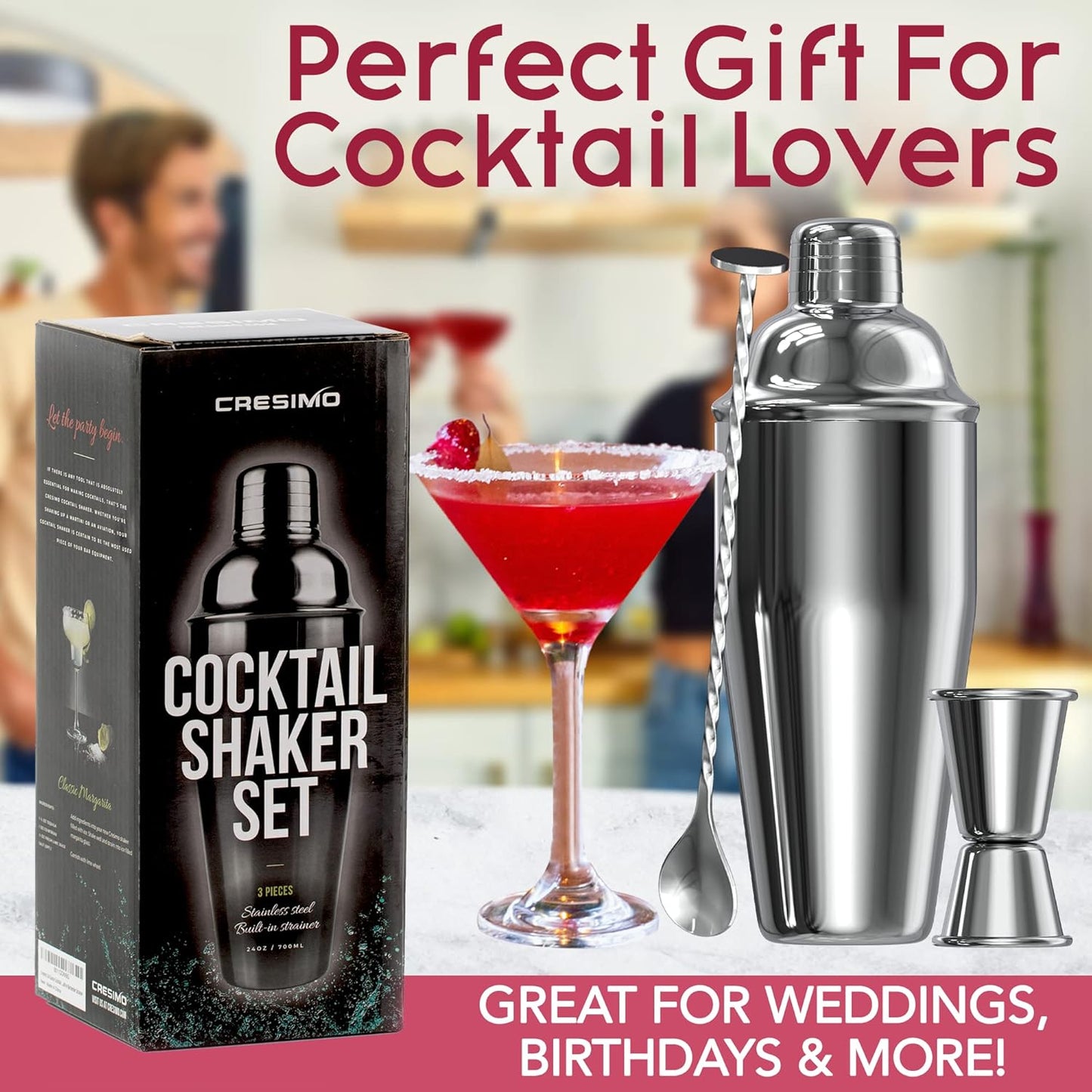Cresimo 24oz Cocktail Shaker Set with Bar Accessories for Home Bar - Martini Shaker with Jigger and Drink Mixer Spoon - Alcohol Bartender Gift - Bartending Kit Essential for Home
