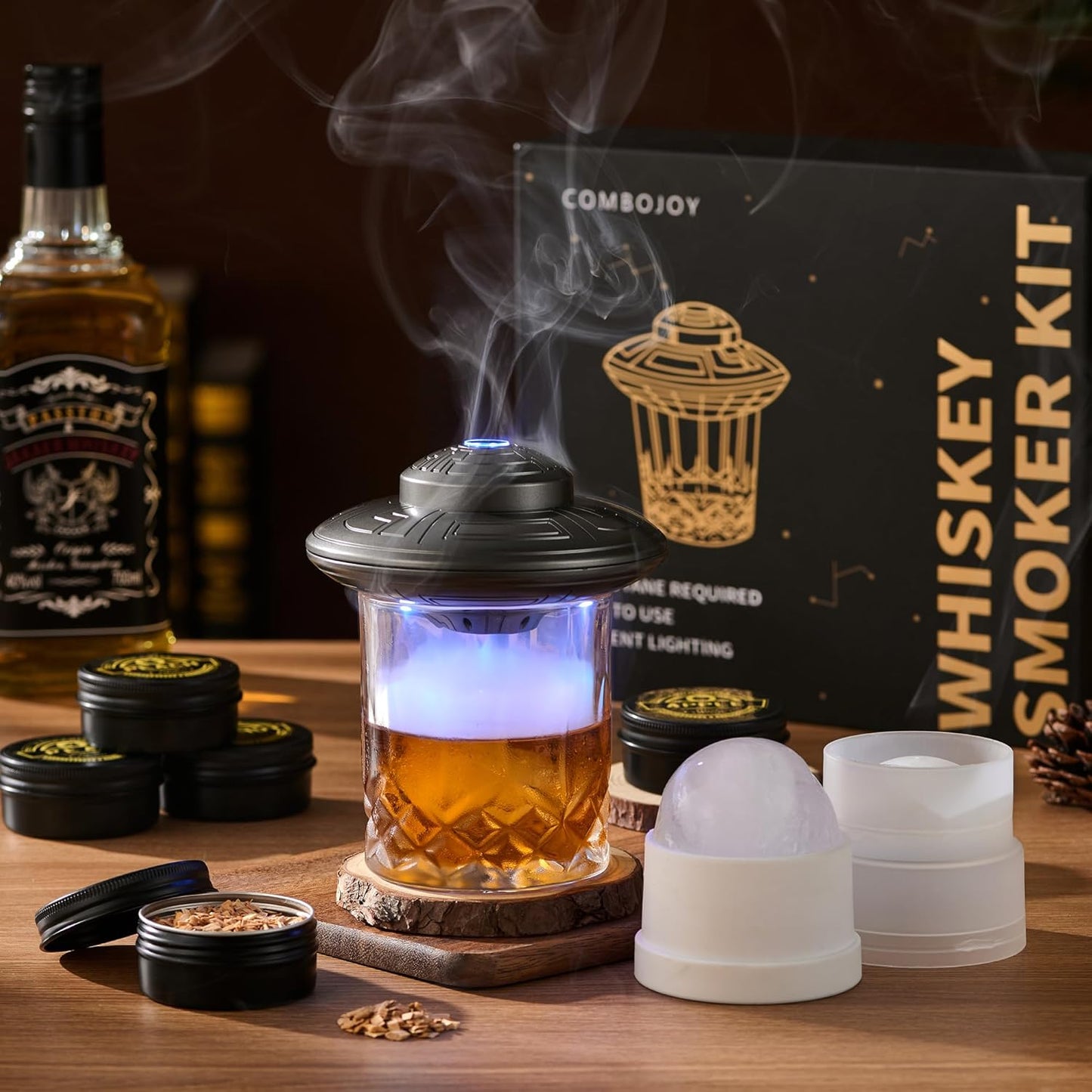 ComboJoy Electric Whiskey Smoker Kit with LED – 6 Flavors Wood Chips, Whiskey Glass & Ice Cube Mold – Rechargeable Cocktail Smoker, Old Fashioned Bourbon Gifts for Men, Dad, Husband -Grey