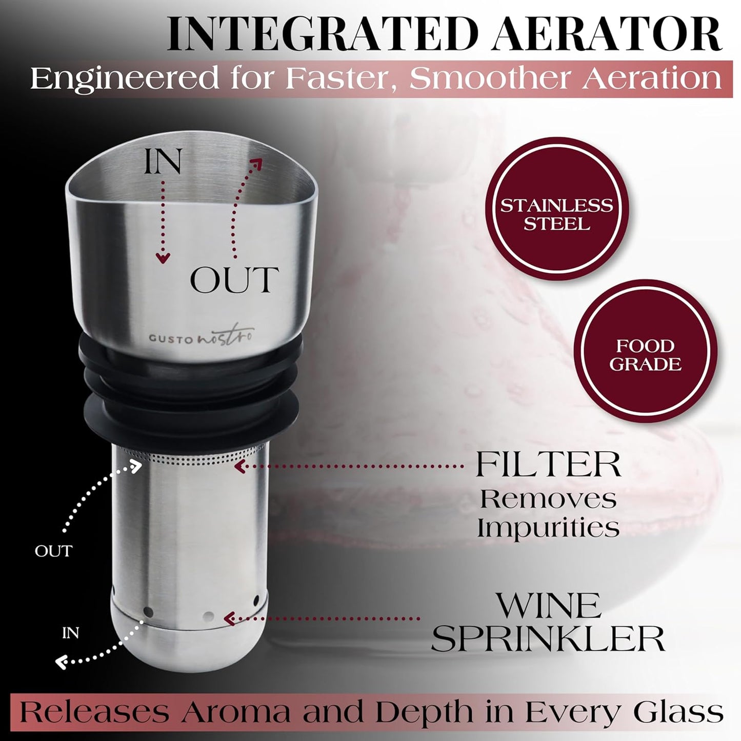 Gusto Nostro Crystal Wine Decanter with Aerator Pourer - Premium Hand-blown Lead-free Glass Wine Decanter Set for Red Wines - Carafe with Lid Filter for Smooth Pouring - Stainless Steel Spout Included