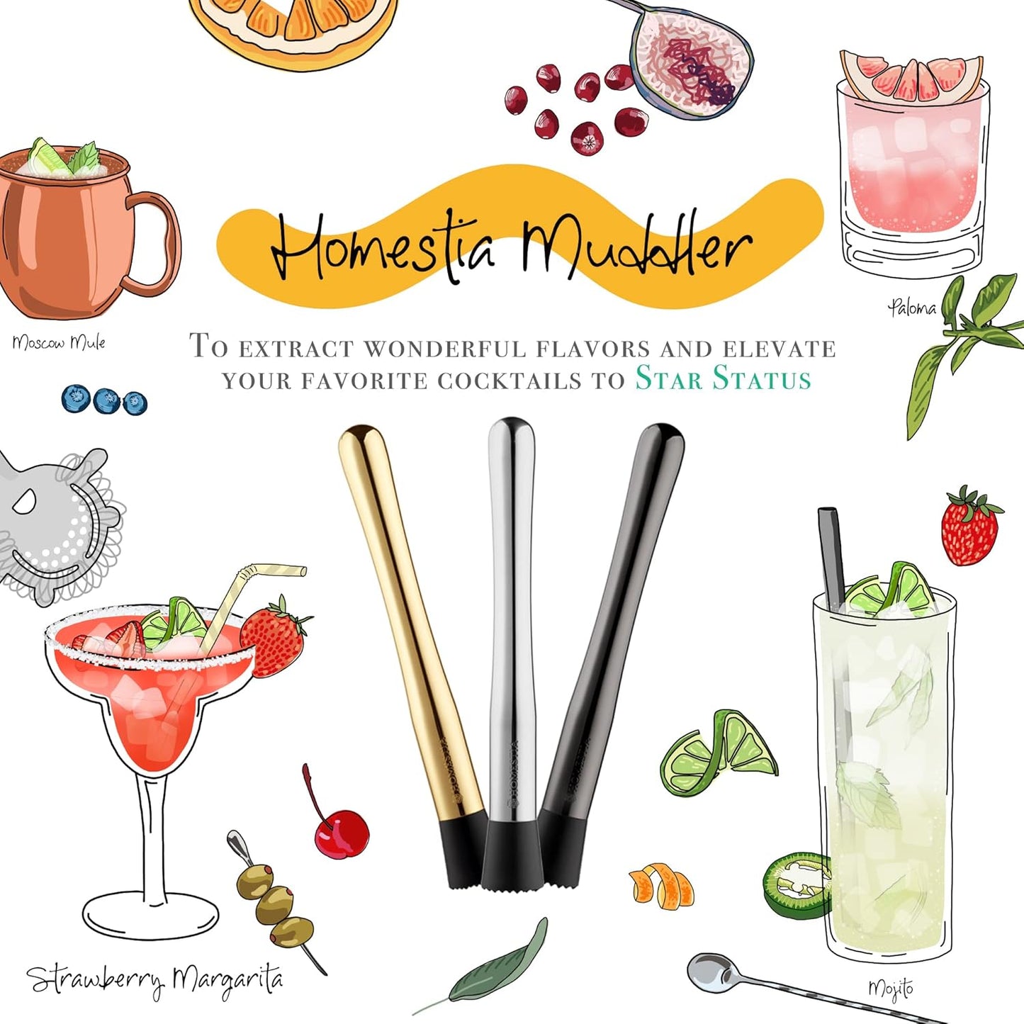 Homesetia Black Muddler for Cocktails - 10 Inch Professional Stainless Steel Muddler - Durable Cocktail Muddler Drink Smasher & Mojito Muddler - Wine Accessories Ideal Valentines Day Gifts for Him