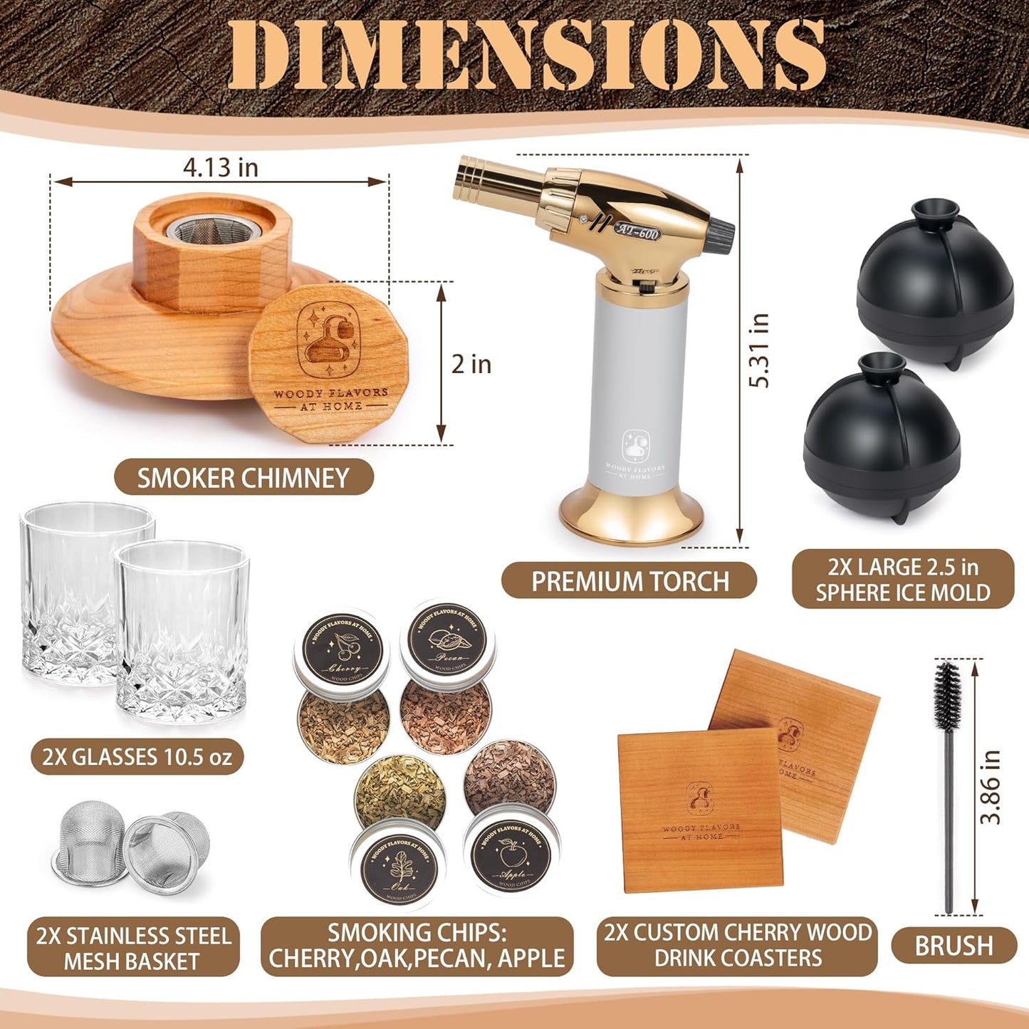 Old Fashioned Cocktail Smoker Kit for Whiskey, Bourbon, and Drinks with Cherry Smoker, Natural Wood Chip Flavors, Culinary Torch, Ice Cube Spheres, 2 Coasters, 2 Glasses