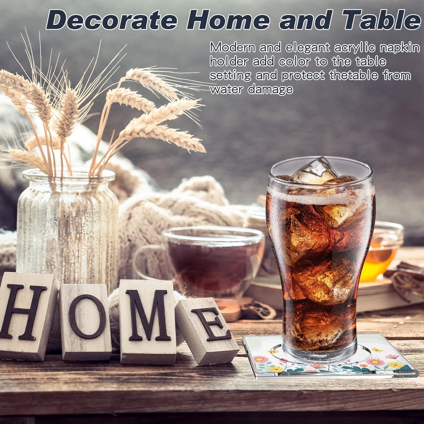 Weecent 4 Pack Acrylic Coasters DIY Cocktail Napkin Holder Clear Water Resistant Shatterproof Coaster for Any Holidays Occasions Home Office Decor and Protect Table