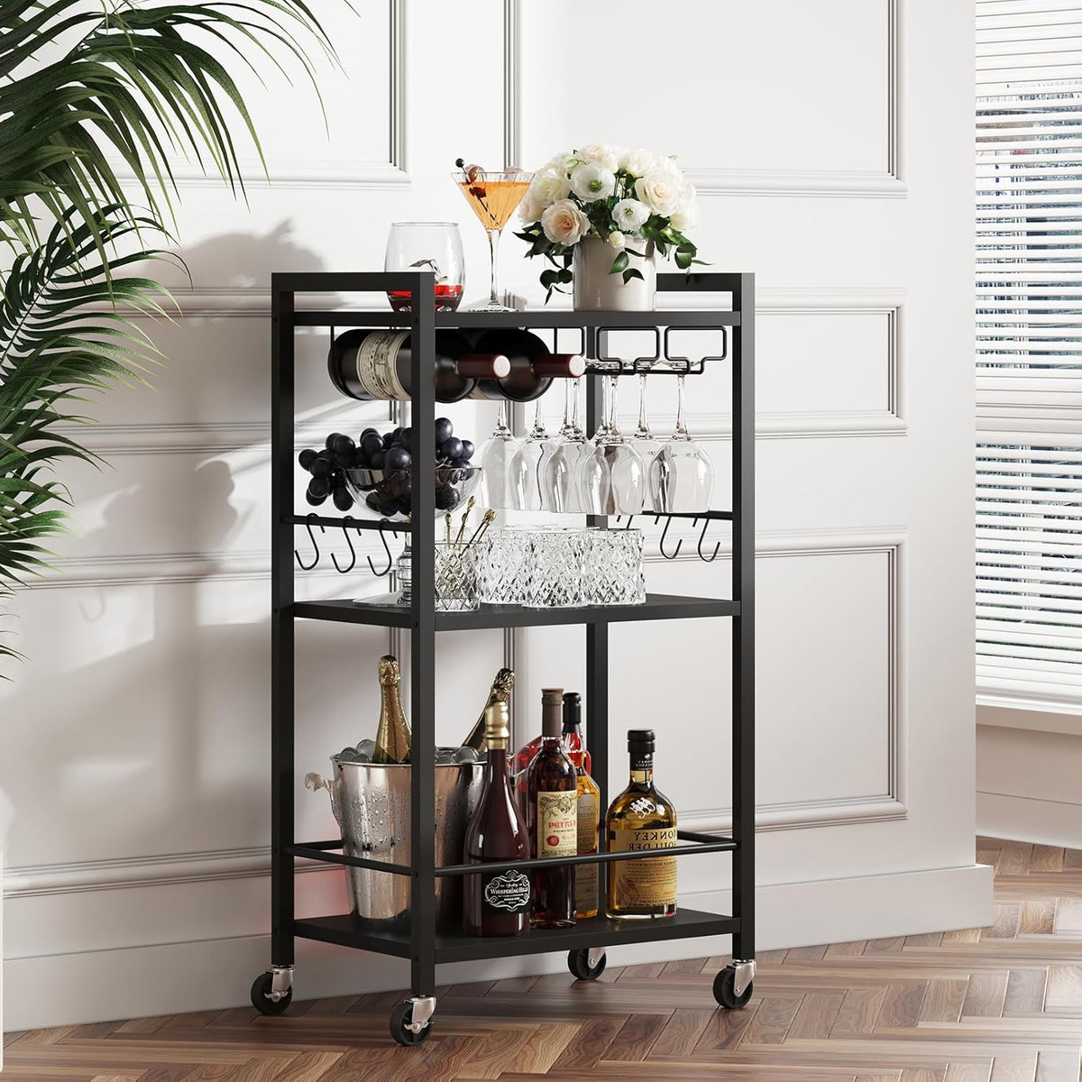 TUTOTAK Bar Cart with Wheels, Mini Drink Cart with Wine Rack & Glass Holder - Black