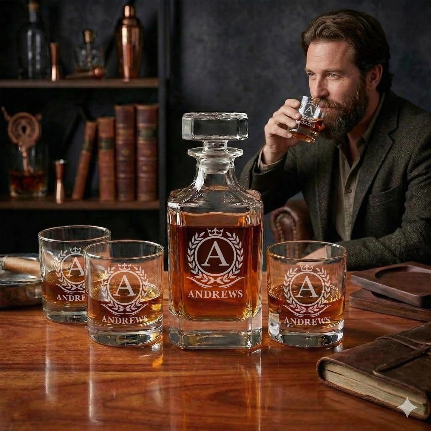 Personalized Whiskey Decanter Set with Glasses for Men - Custom Bourbon Decanter Sets 4 Designs - Laser Engraved Customized Whiskey Glasses - Personalized Whisky Bottle Groomsmen Gift
