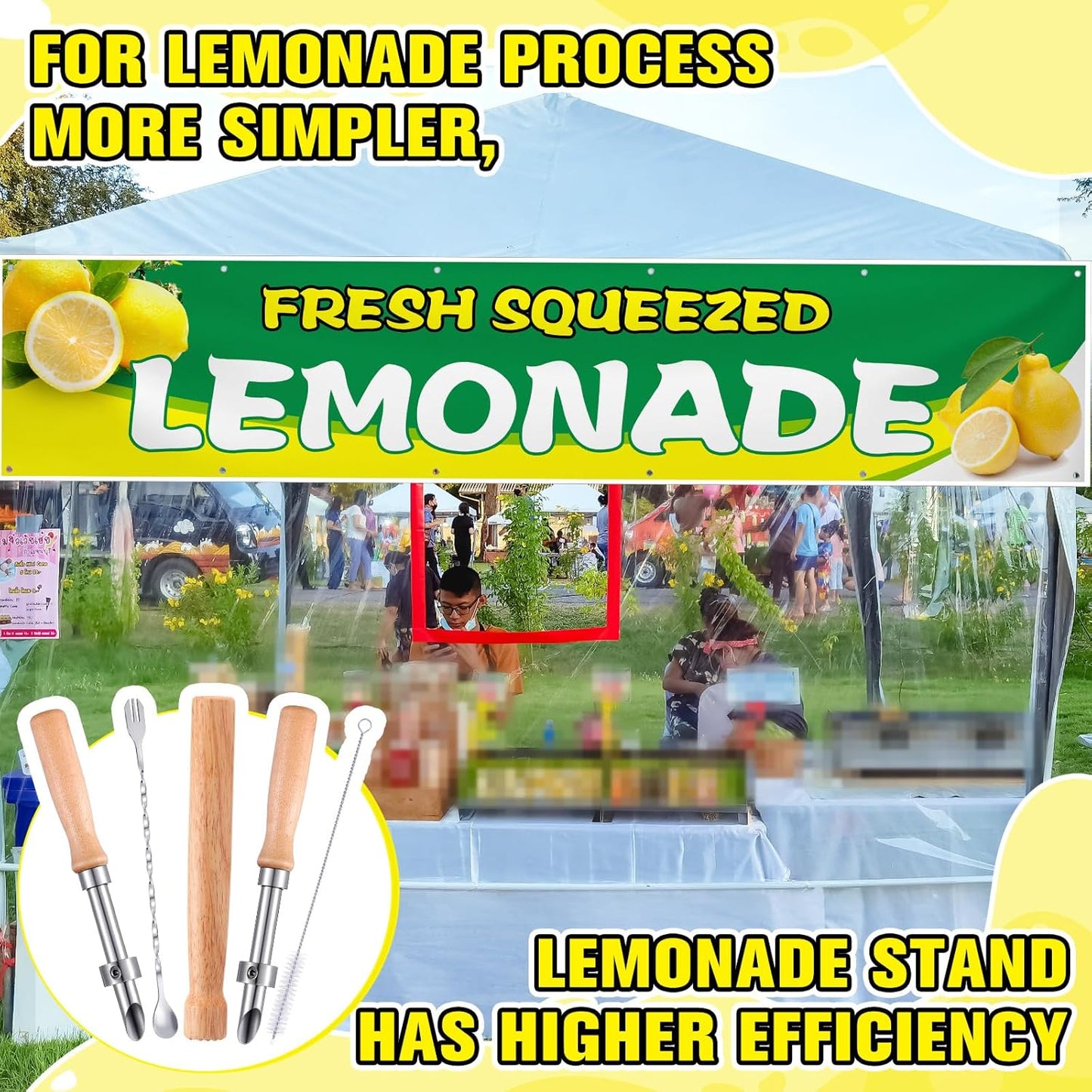 Lasnten 5 Pack Lemonade Stand Supplies Kit Straw Hole Punchers for Plastic Lids Stainless Steel Muddler Mixing Spoon Straw Cleaning Brushes for Lemonade Preparation Wood Handle Hole Punch Tool