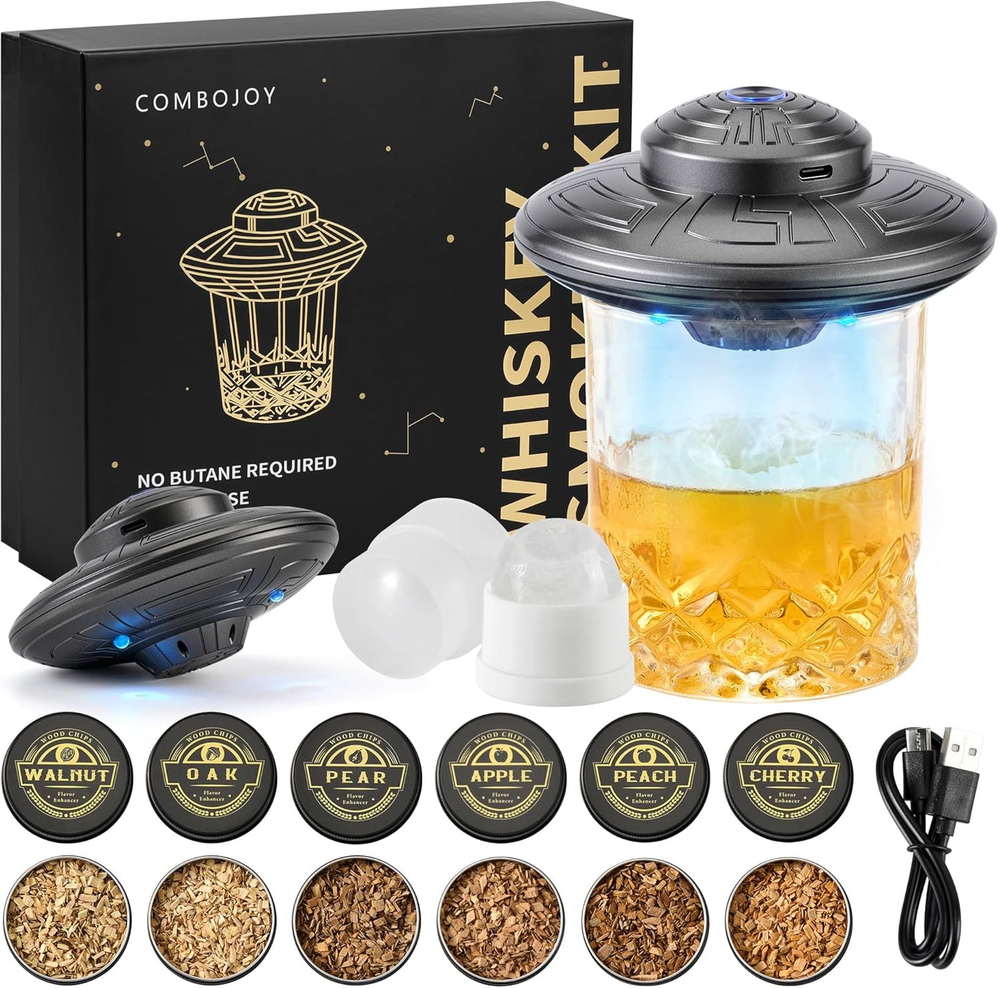 ComboJoy Electric Whiskey Smoker Kit with LED – 6 Flavors Wood Chips, Whiskey Glass & Ice Cube Mold – Rechargeable Cocktail Smoker, Old Fashioned Bourbon Gifts for Men, Dad, Husband -Grey