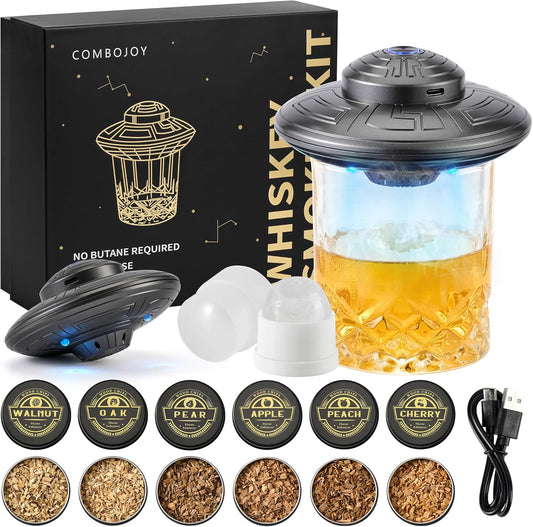 ComboJoy Electric Whiskey Smoker Kit with LED – 6 Flavors Wood Chips, Whiskey Glass & Ice Cube Mold – Rechargeable Cocktail Smoker, Old Fashioned Bourbon Gifts for Men, Dad, Husband -Grey