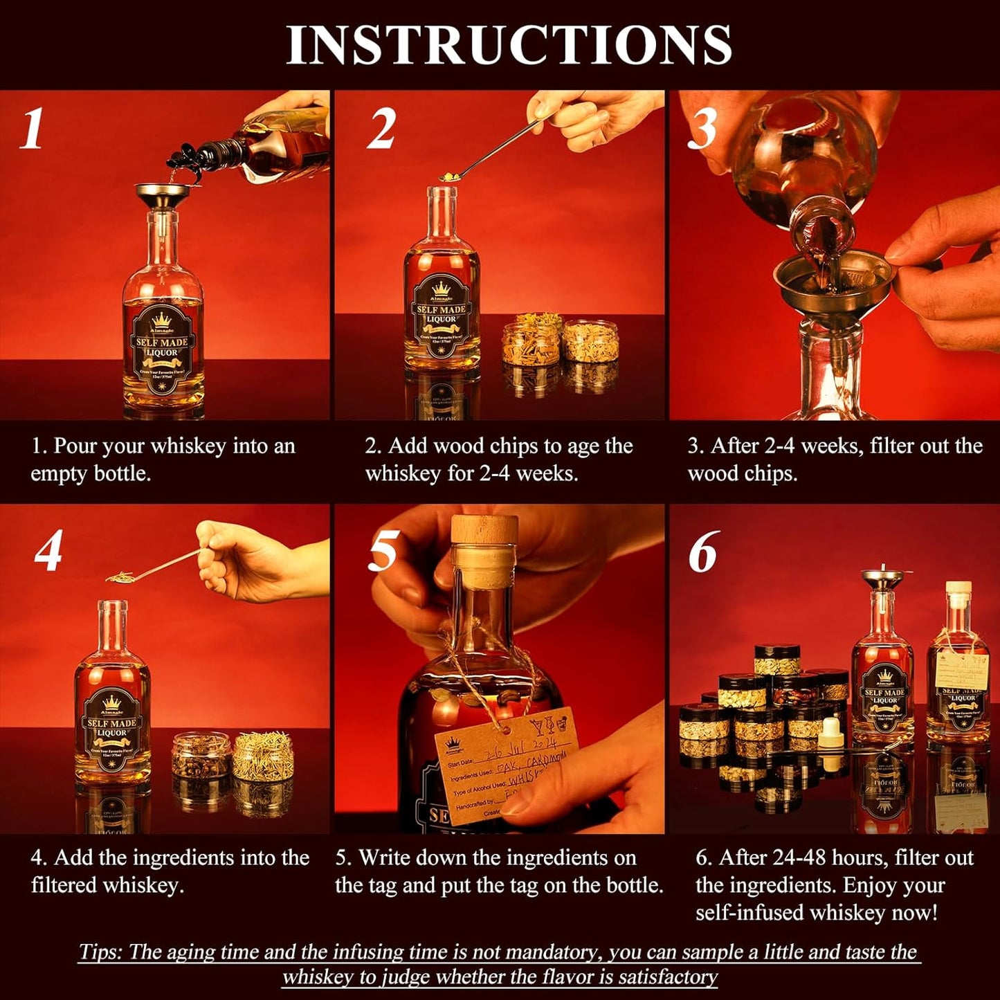 Whiskey Infusion Kit Gift for Men | DIY Whiskey Set to Create Own Flavor | Includes 4 Wood Chips, 8 Ingredients, Complete Tools, and Infusion Recipes, Unique Gifts for Him (Alcohol Not Included)