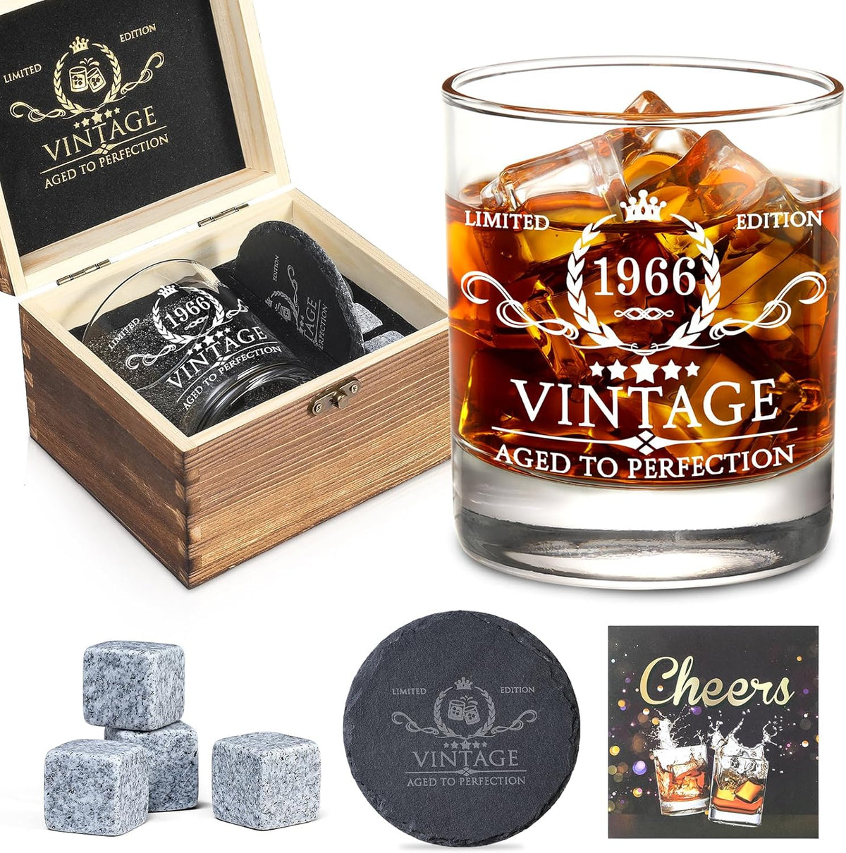 60th Birthday Gifts for Men Whiskey Glass Set - 60th Birthday Decorations, Party Supplies - 60 Year Anniversary, Bday Gifts Ideas for Him, Dad, Husband, Friends - Wood Box & Whiskey Stones & Coaster - 60th