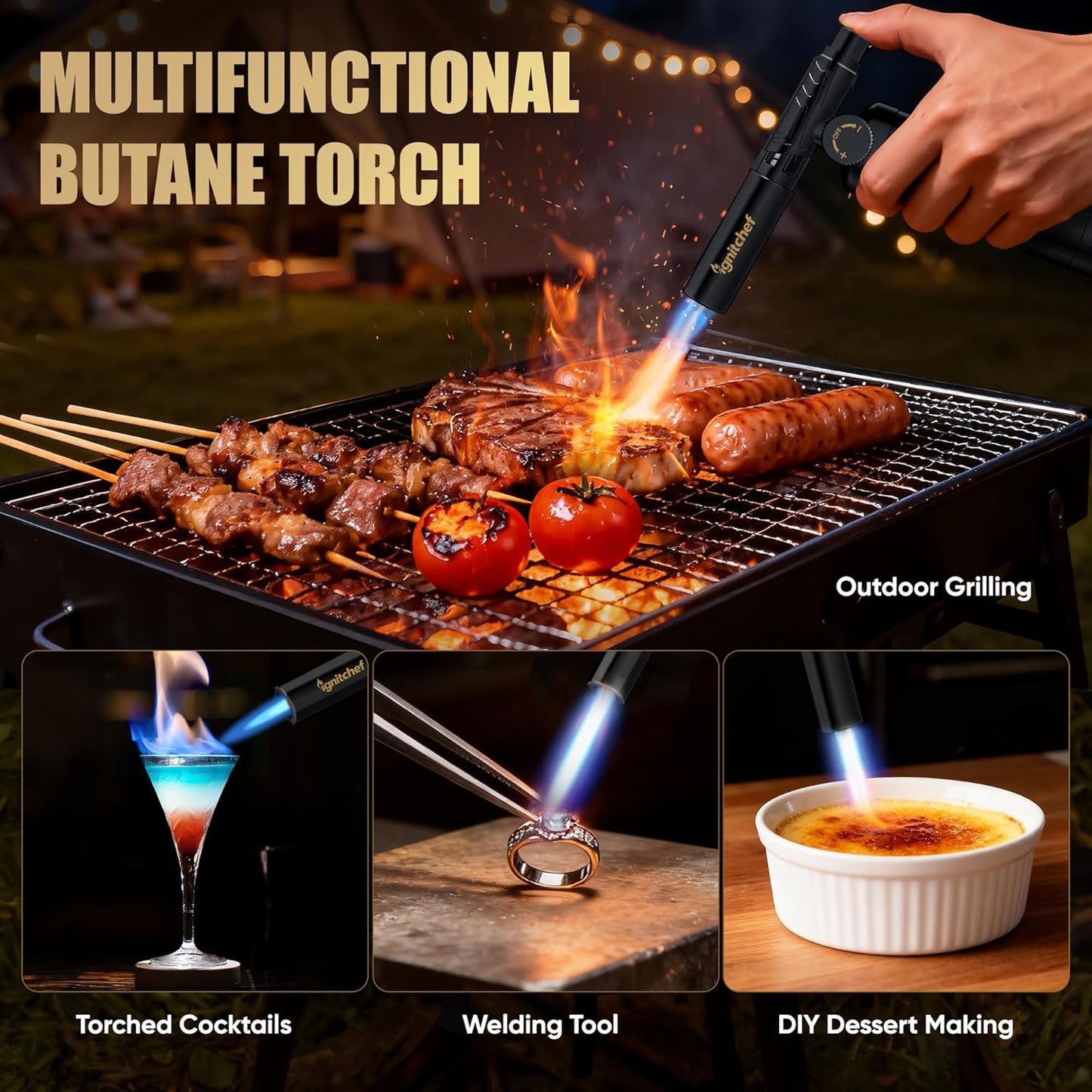 Metal Butane Torch Lighter, Refillable Kitchen Torch, Creme Brulee Torch with Adjustable Flame, Continuous Mode for Grilling Steaks, Barbecuing (PHQ-408-New)