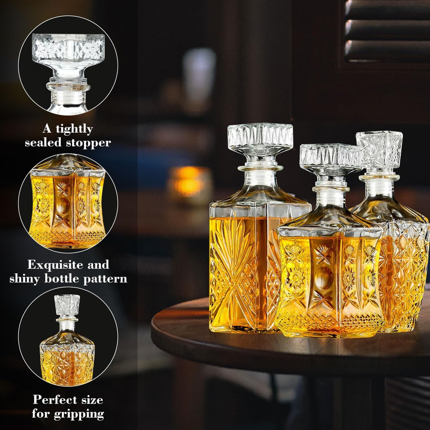 Whiskey Decanter Set of 3, Premium Crystal Spirits Decanter for Scotch, Bourbon, Vodka & Whisky, Ideal Barware & Gift for Men (28oz*2, 31oz*1)
