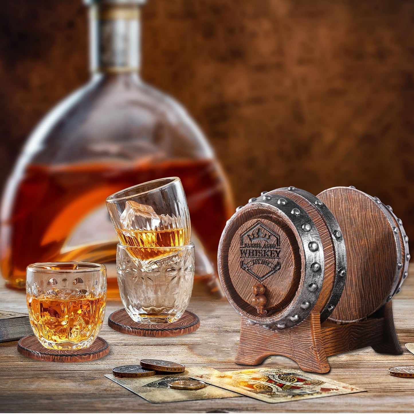Whiskey Barrel Coasters Set 6 Full Size Non-Slip Cabin Decor Bar Coasters, Indoor Christmas Decorations, Man Cave Gifts for Men and Whiskey Lovers, Rustic Handmade Cup Coaster for The Home