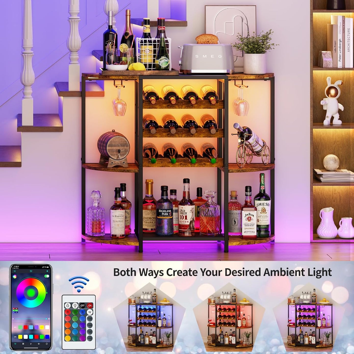 JKsmart Small Wine Bar Cabinet with LED Lights, Mini Wine Rack with Storage and Glass Holder, Home Bar Cart for Liquor, 3-Tier Bar Table for Kitchen, Dining Room, Living Room, Rustic Brown