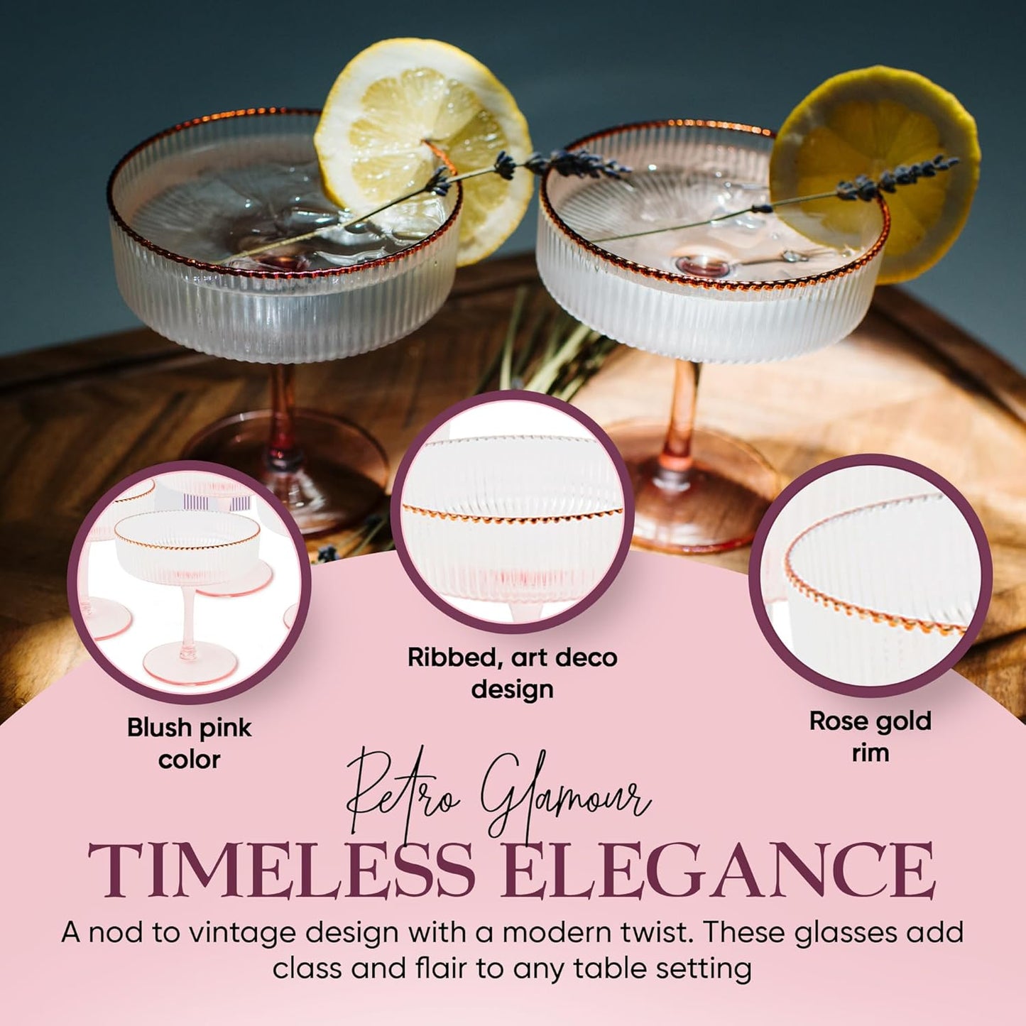 Pink Coupe Glasses Set of 4 Glasses with Rose Gold Rim (8 Oz) Art Deco Coupe Glasses, Ribbed Martini Cocktail Glasses Gift Box, Vintage Champagne Glasses, Espresso Martini Glasses