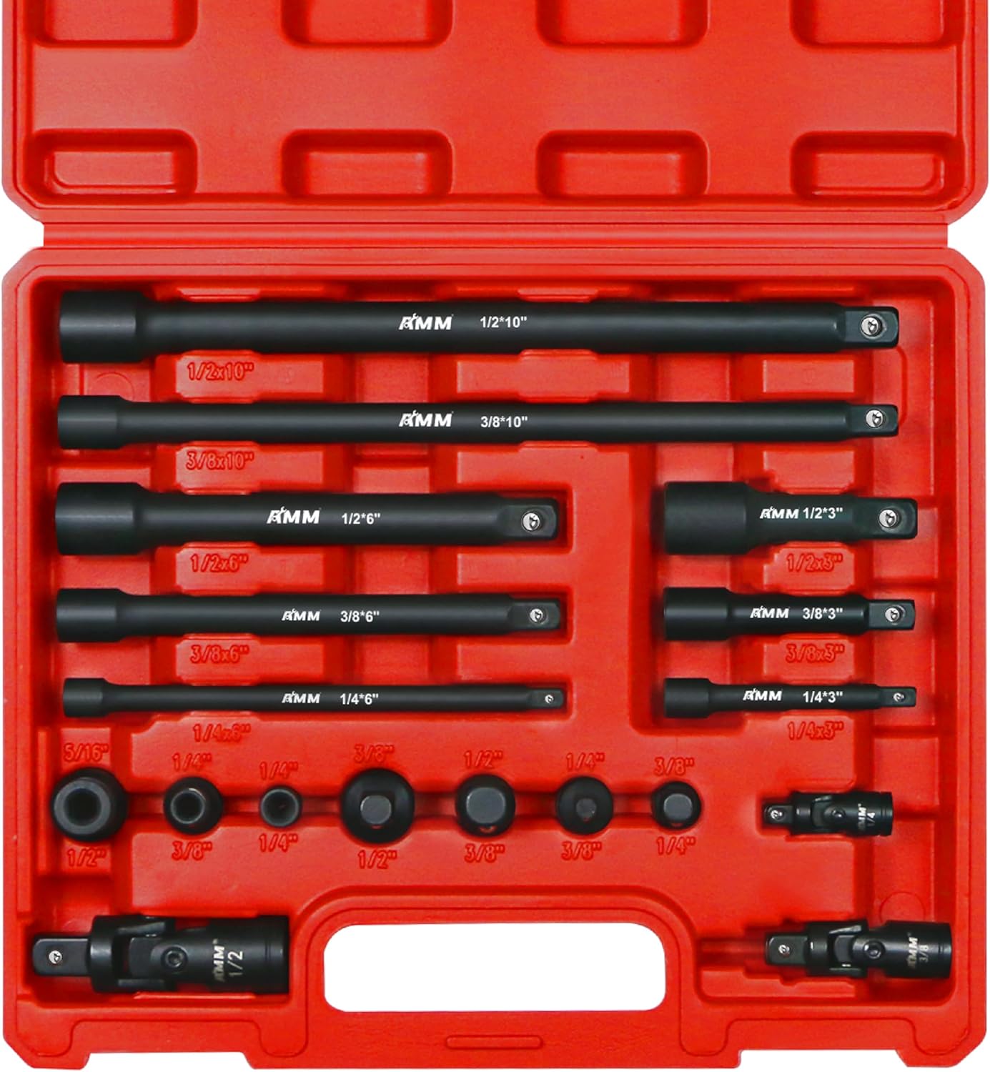 AMM Impact Socket Extension Set Tools, 1/4", 3/8", 1/2" Drive Socket Adapter, Extension Bar, Impact Univeral Joint, Impact Coupler with Cr-V Steel for Power Drill & Impact Driver, 18 Pieces
