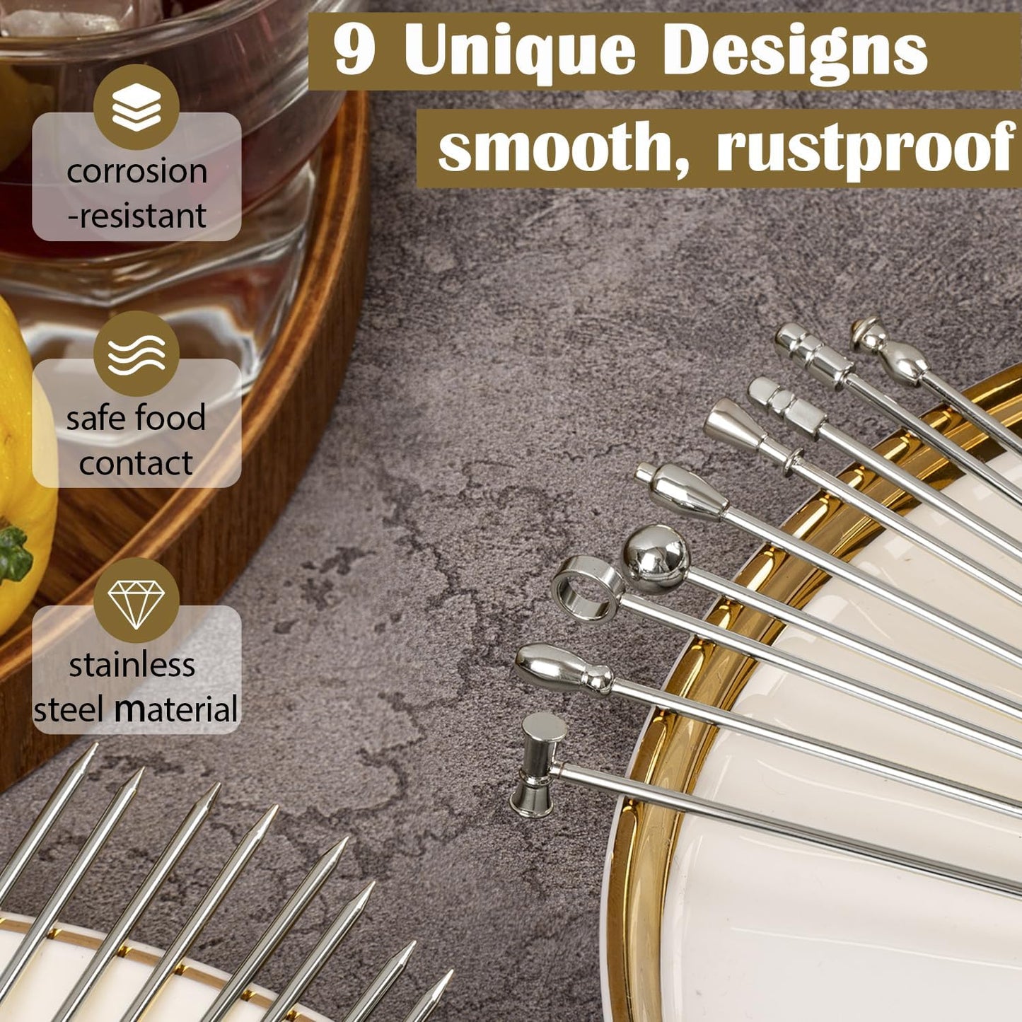 Metal Martini Cocktail Picks, Olive Skewers 4.2 inch, Stainless Steel Drinks Garnish Sticks, Reusable Toothpicks for Appetizers, Gift for Mother, Home Bar Accessories for Bartender - 9 Pcs