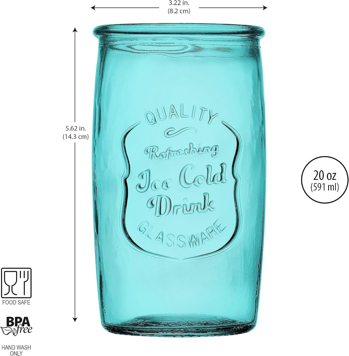 Glaver's Highball Glasses Set of 4 – 20oz Artistic Ice-Cold Pretty Blue – Vintage Glassware with Embossed Logo – Beverage Drinking Glasses for Water, Juice, Cocktails. Hand Wash.