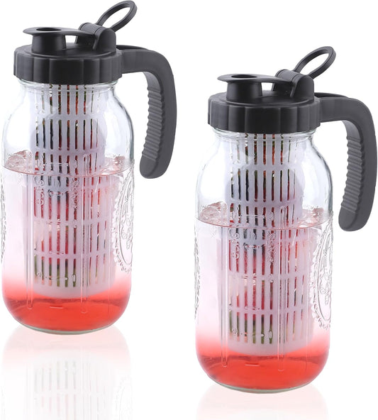 64 Oz Glass Mason Jar Water Pitcher with Infuser 2 Set Half Gallon Water Jug Carafe 2 Quart Pitcher For Cold Hot Tea Coffee Lemonade Homemade Drinks Breast Milk Juice Container For Refrigerator