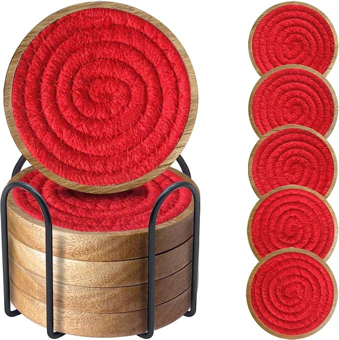 Wood Coasters for Drinks, Eykao Absorbent Coaster Sets of 5, Woven Drink Coasters for Coffee Table, Housewarming Gift for Farmhouse Home Decor,4 inches - Red (With Holder)