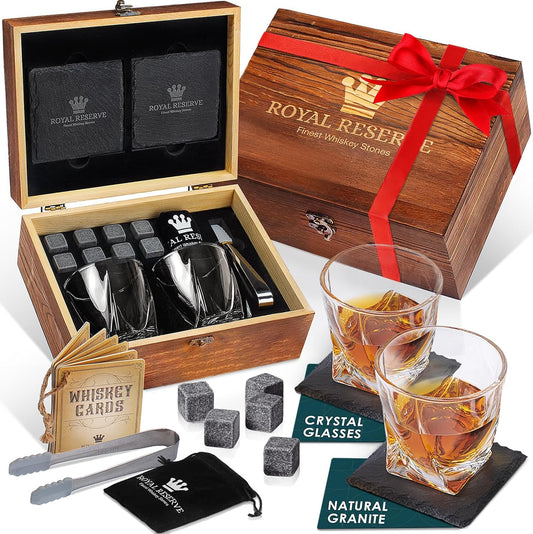 Royal Reserve Whiskey Glasses Set - 2 Crystal Bourbon Glasses with Chilling Stones & Coasters – for Scotch Cocktail Rum Vodka Liquor - Whiskey Gift for Men Dad Boss Boyfriend Anniversary & Birthday