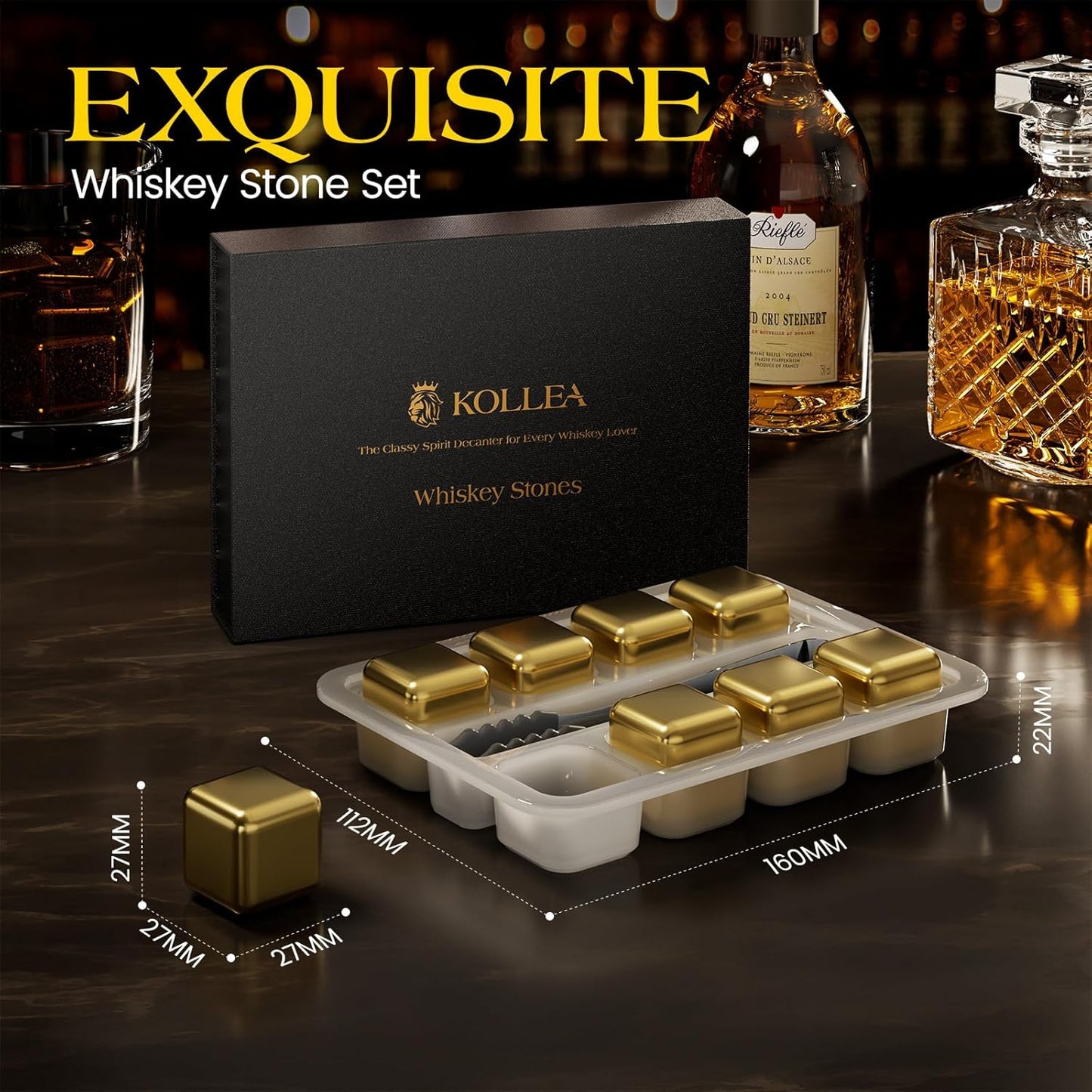 Kollea Whiskey Stones, 8-Pack Golden Stainless Steel Whiskey Chilling Rocks, Reusable Ice Cube for Drinking, Rum Cocktail Drink Accessories, Bartender Kit, House Warming Gifts, Drinking Bar, Christmas