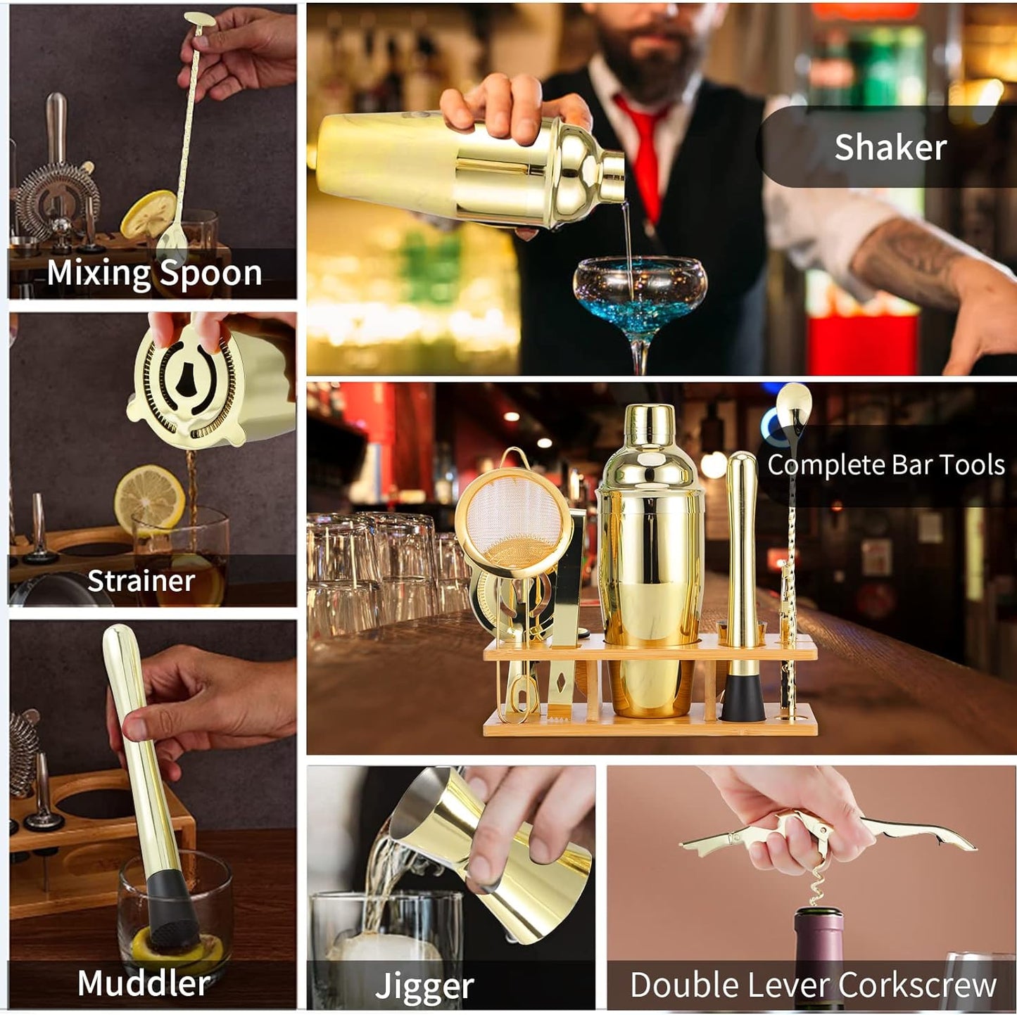 Bartender Kit 11-Piece Cocktail Shaker-Muddler for Cocktails 25oz Boston Shaker-Bar Accessories with Stylish Bamboo Stand Mix Drink Shaker kit Perfect Martini kit with Cocktail Recipes Booklet