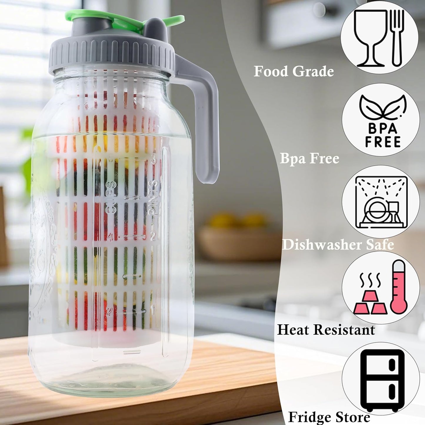 GMCOZY 2 Quart Glass Mason Jar Water Pitcher With Fruit Infuser 64 Oz Wide Mouth Infused Cold Hot Water Jug Carafe With Lid Half Gallon For Coffee Sun Tea Lemonade Juice Homemade Drinks Container
