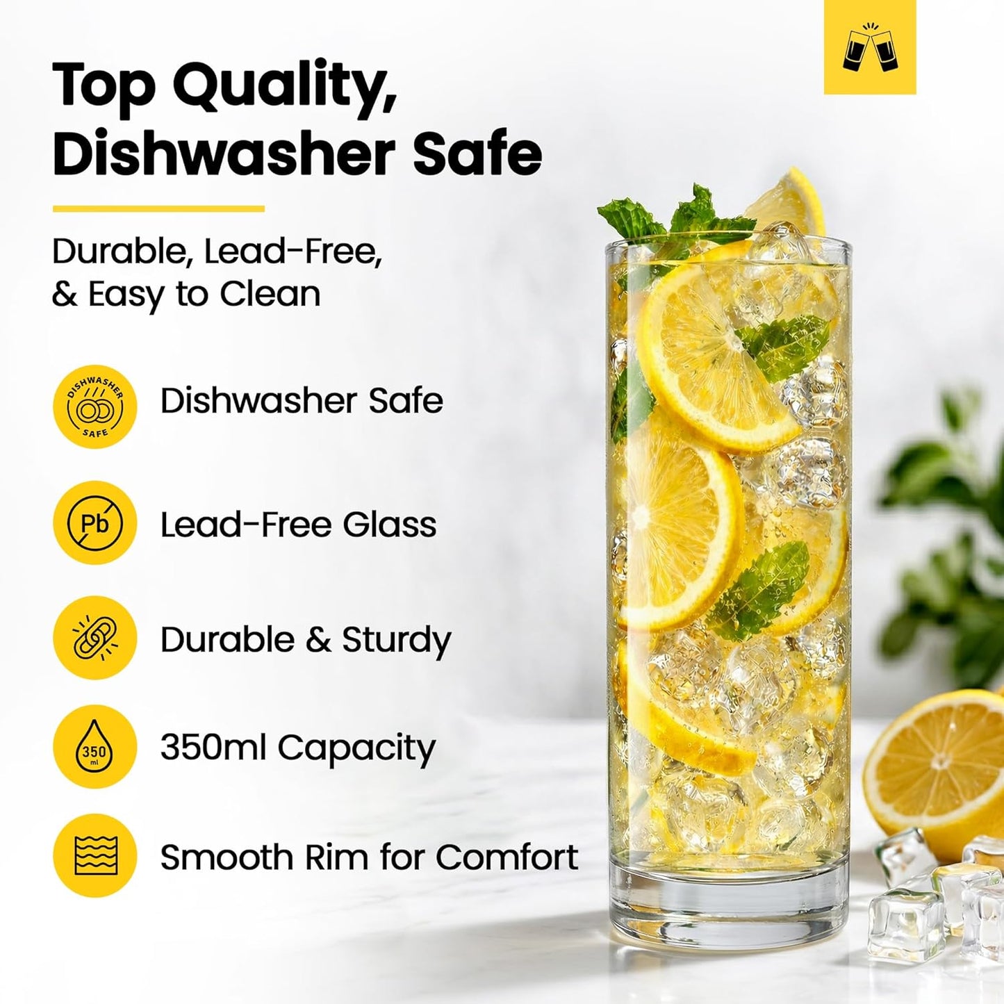 LEMONSODA Highball Glass Set | 12oz Set of 6 | Lead-Free Glass with Heavy Base | Dishwasher Safe Cocktail Glasses for Mojito Whiskey Iced Tea | Gift Box Included | Modern Durable Bar Glassware