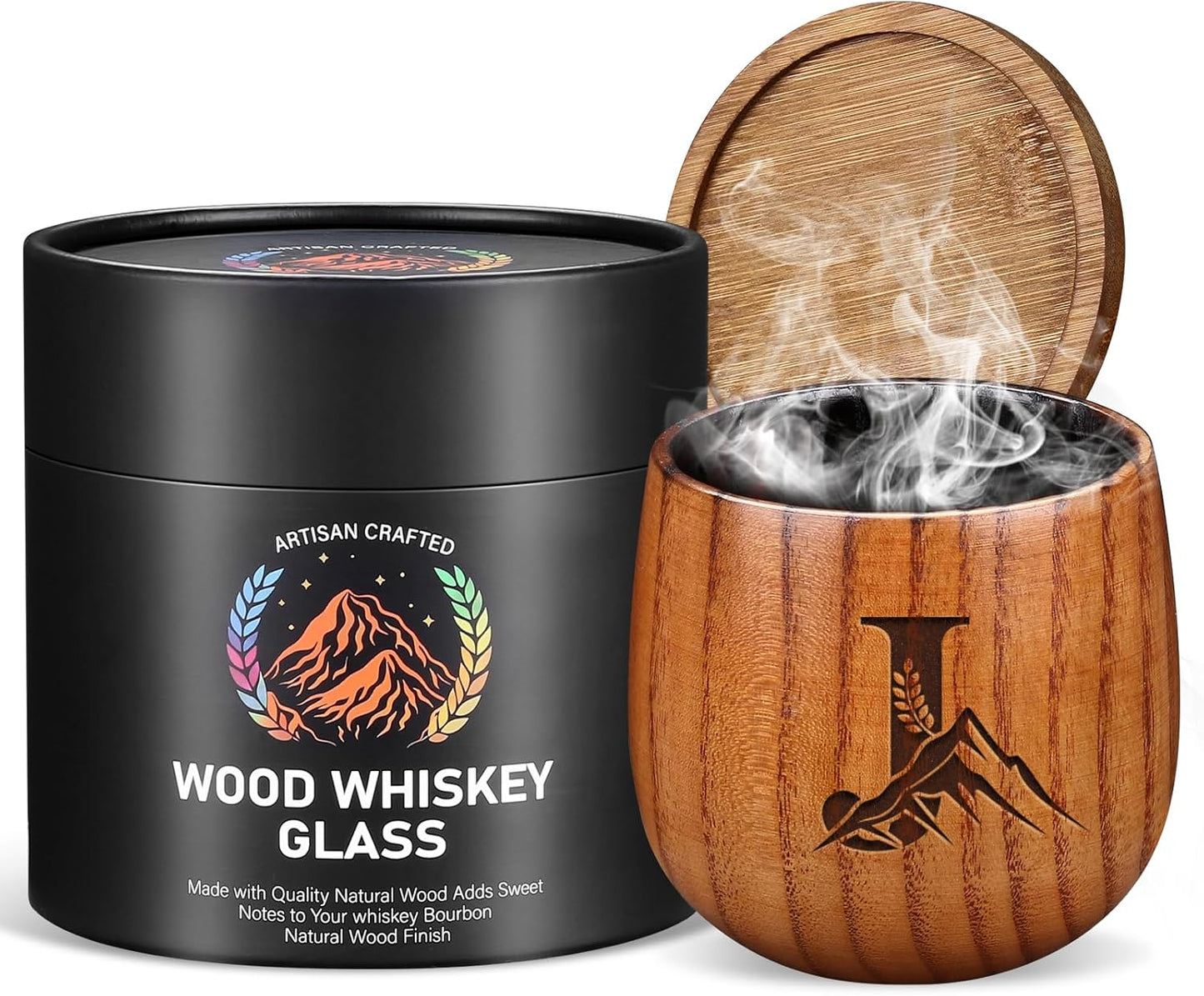 Charred Wooden Whiskey Glasses Personalized Bourbon Drinking Glass Ideas Gifts for Men Husband, Dad, Brother, Whiskey Lovers Birthday Insulated Old Fashioned Glass Whiskey Tumbler J
