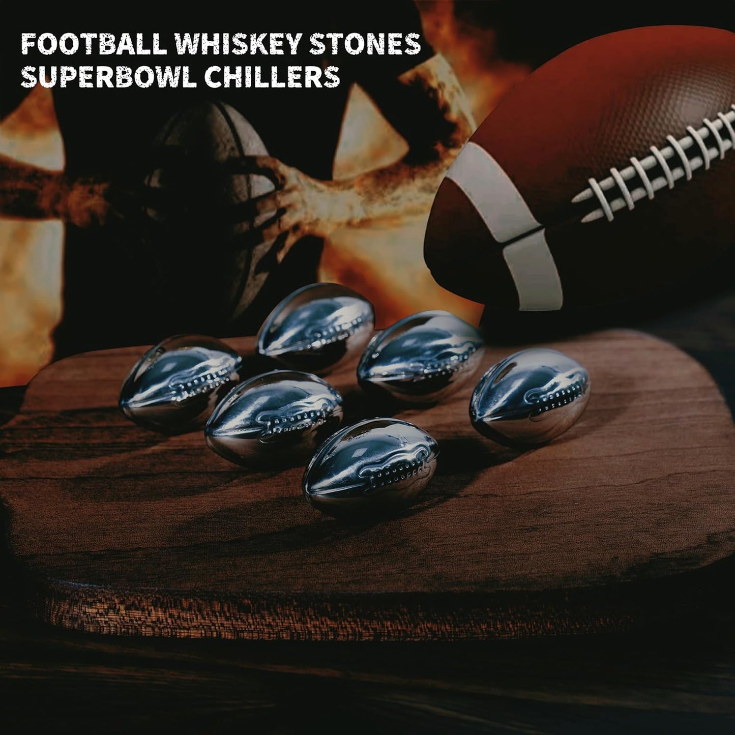Whiskey Glasses Gift Set – 2 Old Fashioned Glasses with 6 Stainless Steel Football Whiskey Stones, Premium Barware Set, Unique Gift Ideas for Men Him Dad Husband Sports Fan