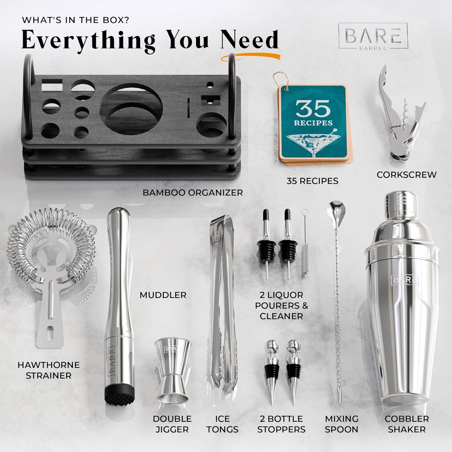 BARE BARREL® Mixology Bartender Kit Bar Set | 14-Piece Cocktail Shaker Set | Martini Barware Mixing Tools for Home Bartending | 35 Recipe Cards | Gift Set (24oz Cobbler Shaker, Silver/Black)