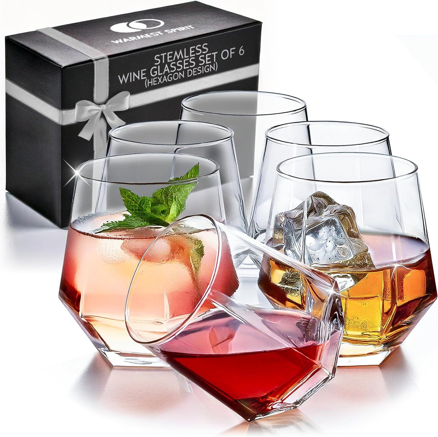 Hexagon Stemless Wine Glasses Set of 6 – Elegant 10.5 oz, Durable, Dishwasher Safe, Spill-Proof Design, Perfect for Wine, Cocktails, Whiskey, Everyday Use, Dinner Parties, and Entertaining, Giftable