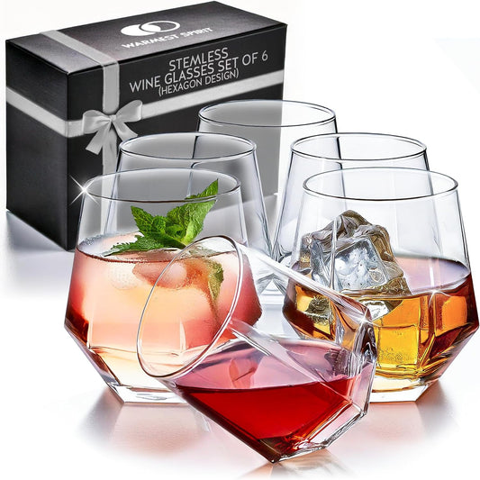 Hexagon Stemless Wine Glasses Set of 6 – Elegant 10.5 oz, Durable, Dishwasher Safe, Spill-Proof Design, Perfect for Wine, Cocktails, Whiskey, Everyday Use, Dinner Parties, and Entertaining, Giftable