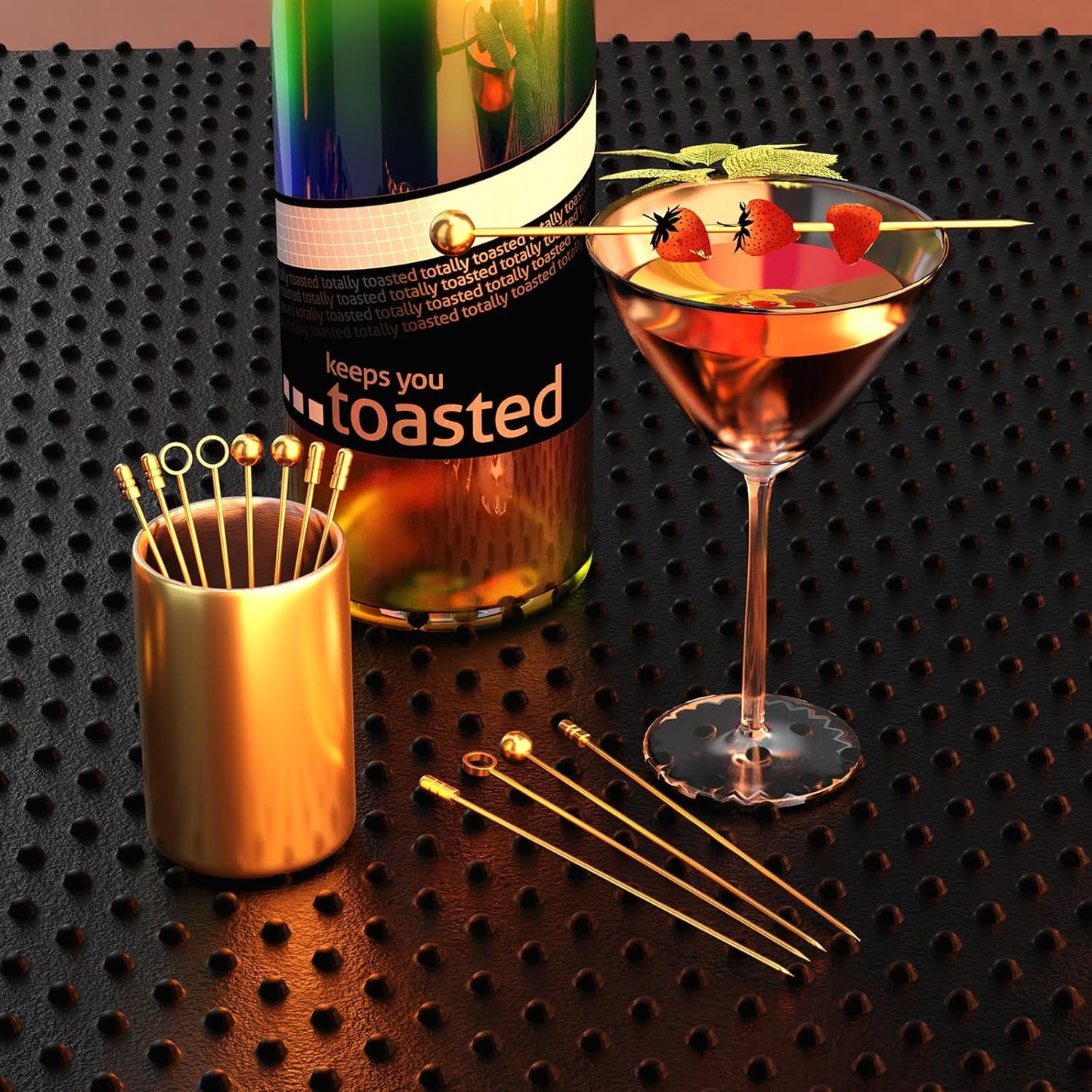 Metal Cocktail Picks 12Pack+Holder Kit, 304 Stainless Steel Toothpicks, Reusable Cocktail Skewers, Garnish Picks Bloody Mary Skewers, Martini Picks for Olives Appetizers Fruit (Mix Gold)