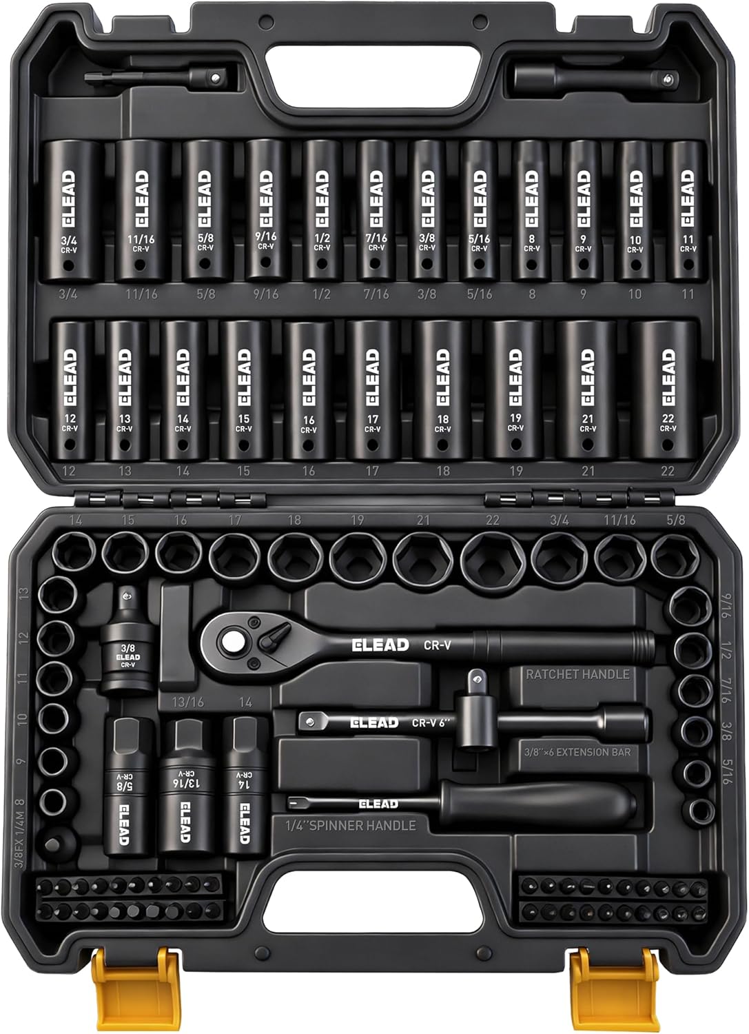 96-Piece 3/8" Drive Impact Socket Set, SAE(5/16 to 3/4-Inch) & Metric(8-22mm), Standard & Deep Sockets, Ratchet Handle, Bit Set, Universal Joint, Extension Bar, Adapters, Spark Plug Sockets