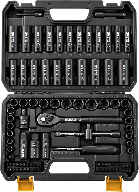 96-Piece 3/8" Drive Impact Socket Set, SAE(5/16 to 3/4-Inch) & Metric(8-22mm), Standard & Deep Sockets, Ratchet Handle, Bit Set, Universal Joint, Extension Bar, Adapters, Spark Plug Sockets