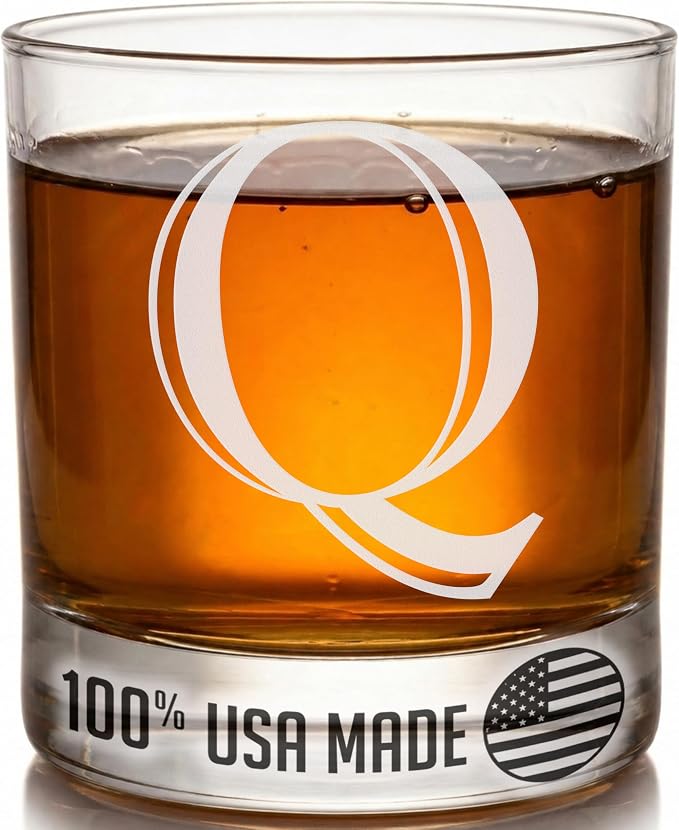 Etched Monogram 11oz Whiskey Rocks Glass (Letter J), A-Z Customized Bourbon Gifts for Men, Father’s Day, Personalized Old Fashioned Scotch Glass, Custom Engraved Gifts for Him, Initial, Name - Clear Etch Q