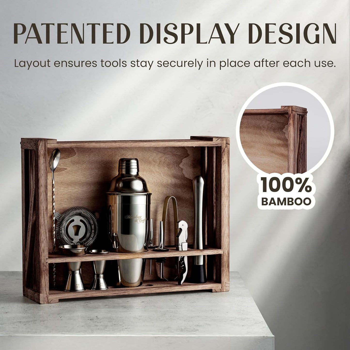 Mixology & Craft Rustic Cocktail Shaker Set – Includes Wood Stand, Complete Barware Kit with 24 Oz Shaker, Dual Jiggers, Pourers, Muddler, Strainer – Perfect for Home Bartenders (Gun-Metal Black)
