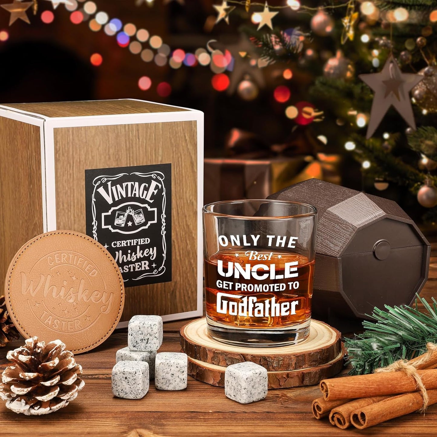 Godfather Proposal Gifts, Pregnancy Announcement Gift for Brothers & Uncles, Rocks Glass & Bourbon Barrel Set for Christmas, Only The Best Uncles Get Promoted to Godfather