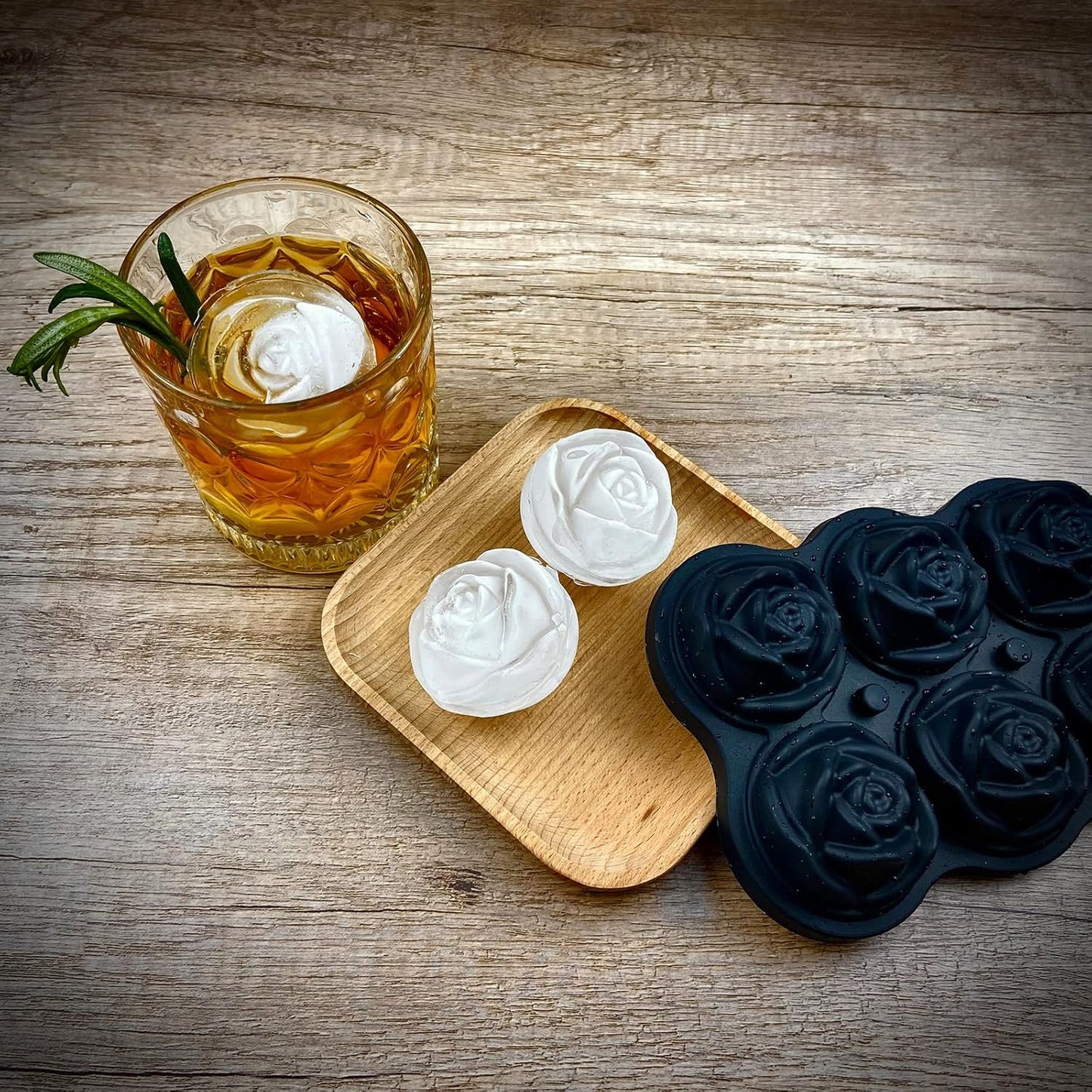 CAMKYDE Rose Ice Cube Tray 2 Inch [1 Mold + 1 Funnel + 6 Stoppers], 6 Cavity Silicone Rose Ice Cube Mold for Whiskey, Chilling Cocktails, Bourbon, Juice (Black)