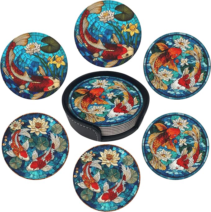 Musical Coasters Leather Round Drink Coasters 6 Pcs Set with Holderor for Cup Drink Coffee Table Bar Home Decor - Fish