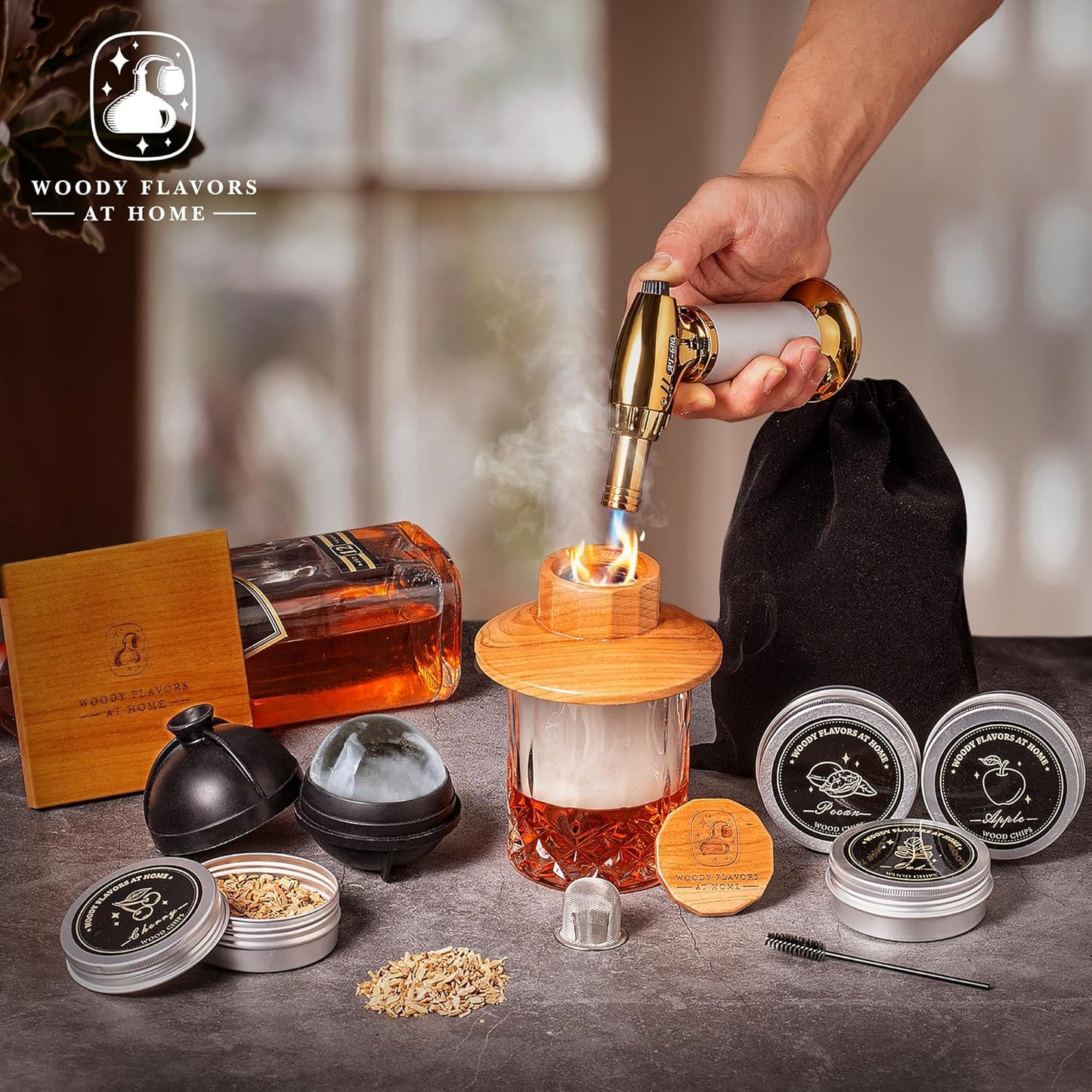 Old Fashioned Cocktail Smoker Kit for Whiskey, Bourbon, and Drinks with Cherry Smoker, Natural Wood Chip Flavors, Culinary Torch, Ice Cube Spheres, 2 Coasters, 2 Glasses