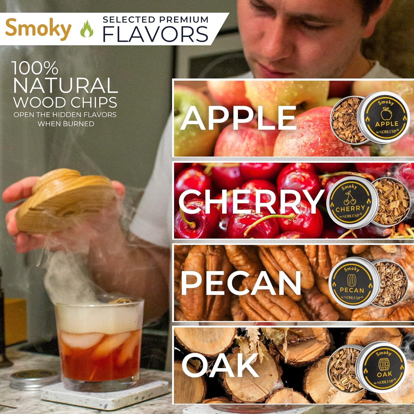NOBLESIP® Whiskey Bourbon Smoker Kit 𝗣𝗥𝗘𝗠𝗜𝗨𝗠 Smoky bar Set. Made from American Oak Natural Wood. Easily Make The Legendary Smoked Cocktails and Old fashioneds at Home. Whisky Men Gift