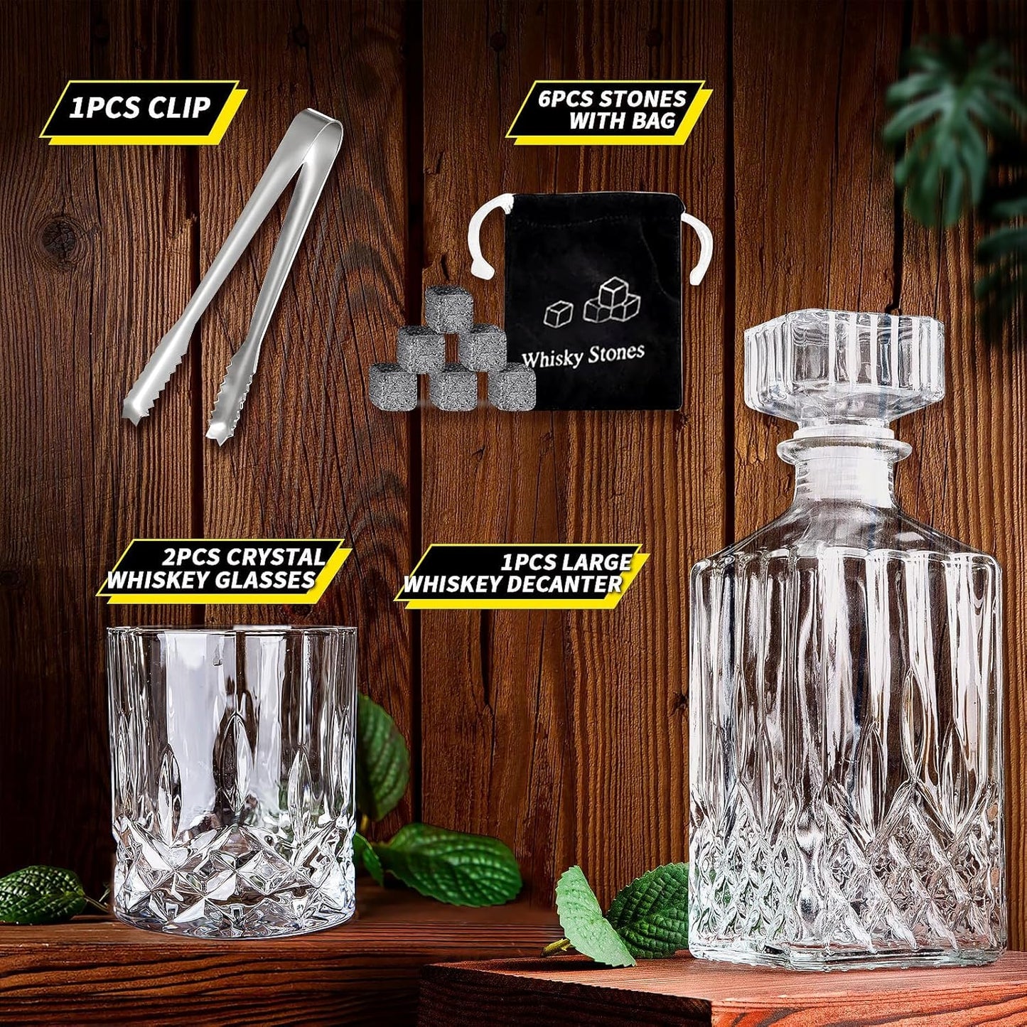 Whiskey Decanter Set for Men, 2pcs Whiskey Glass Cups and 1pcs Glass Decanter with Cooling Stones Clear Whisky Liquor Bottle for Whiskey Bourbon Rum Men Fathers'Gift